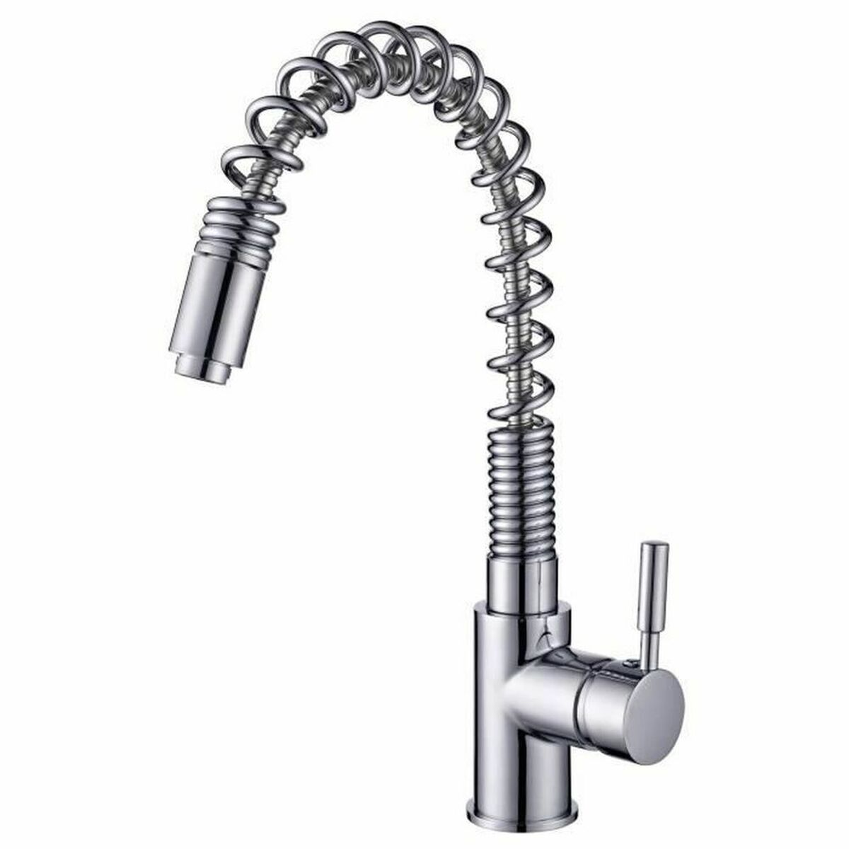 Rubinetto da cucina cromato con tubo flessibile a spirale e doccetta estraibile.