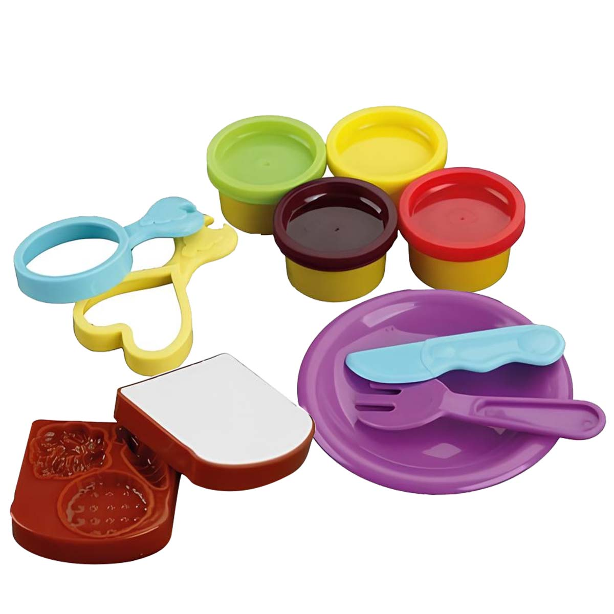 Set di pasta da modellare con formine, piatti e posate colorate.