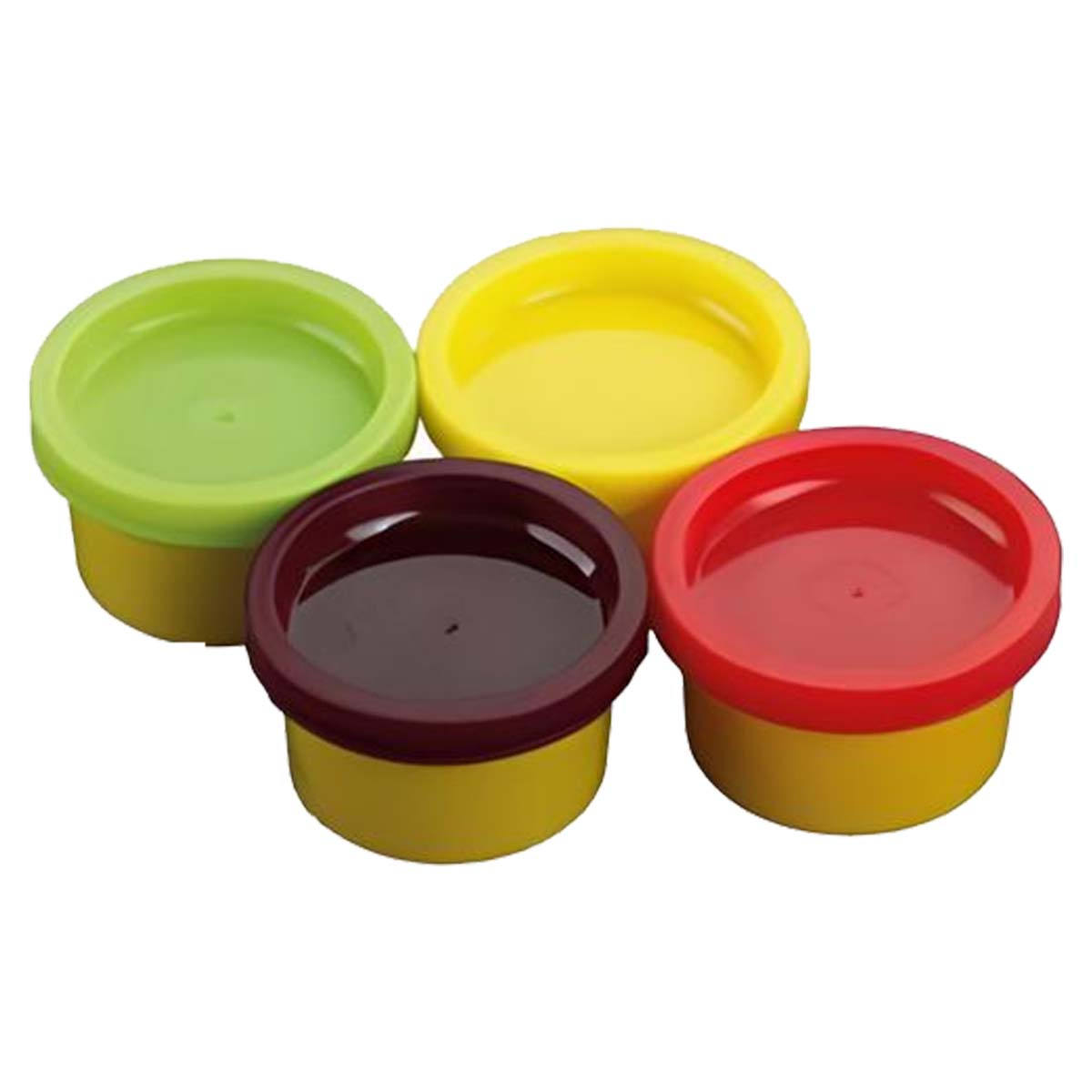 Quattro contenitori aperti di pongo rosso, giallo, verde e rosso scuro.