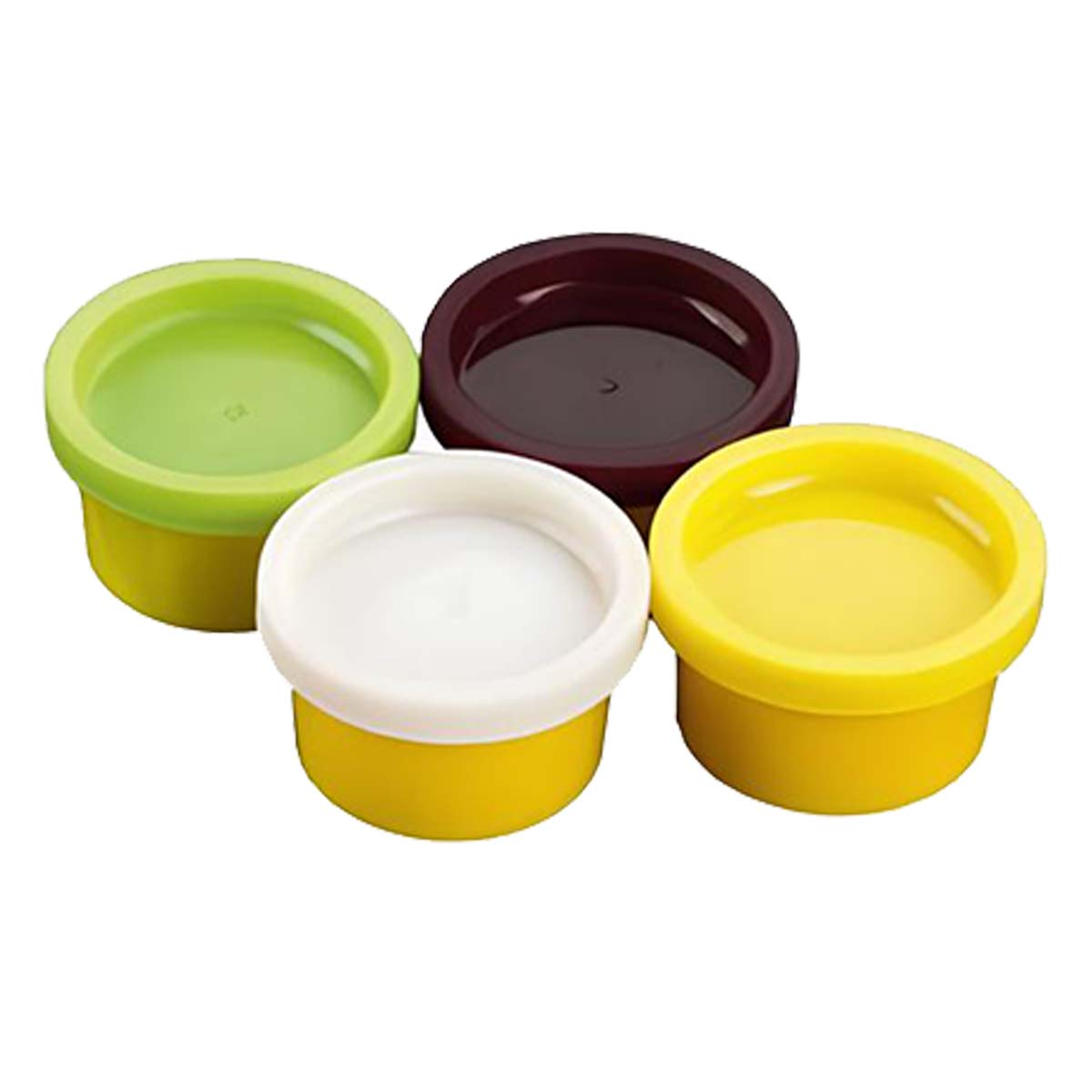 Quattro contenitori colorati: giallo con coperchio bianco, giallo con coperchio verde, giallo e rosso scuro.