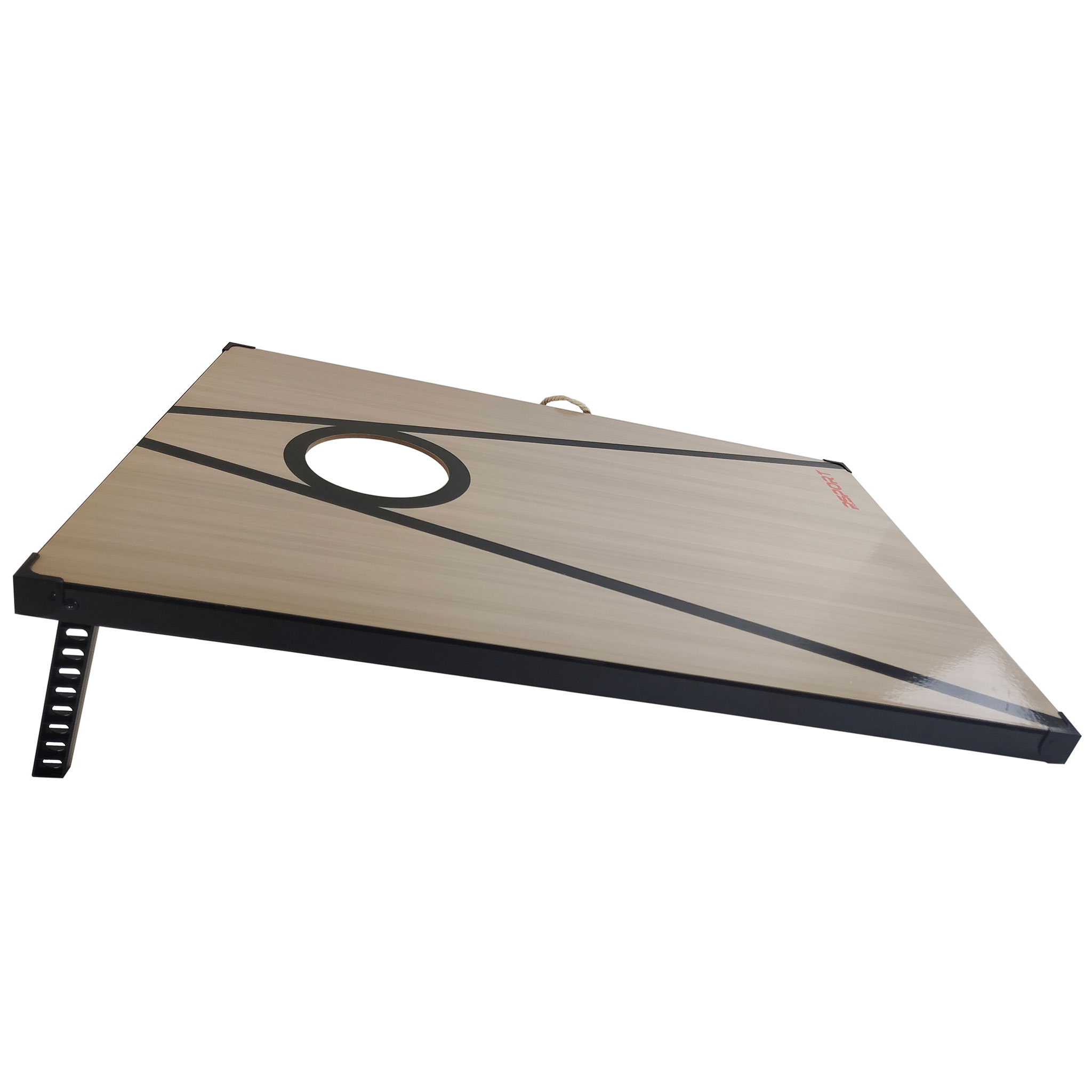 Beżowa deska do cornhole z czarnymi liniami i otworem.