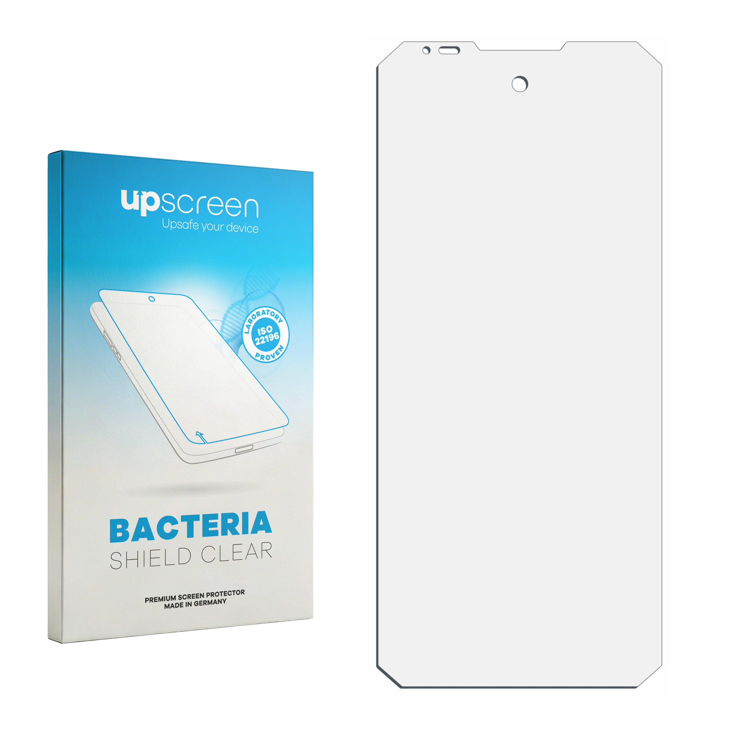 Verpackung und Displayschutzfolie mit "BACTERIA SHIELD CLEAR" Aufschrift.