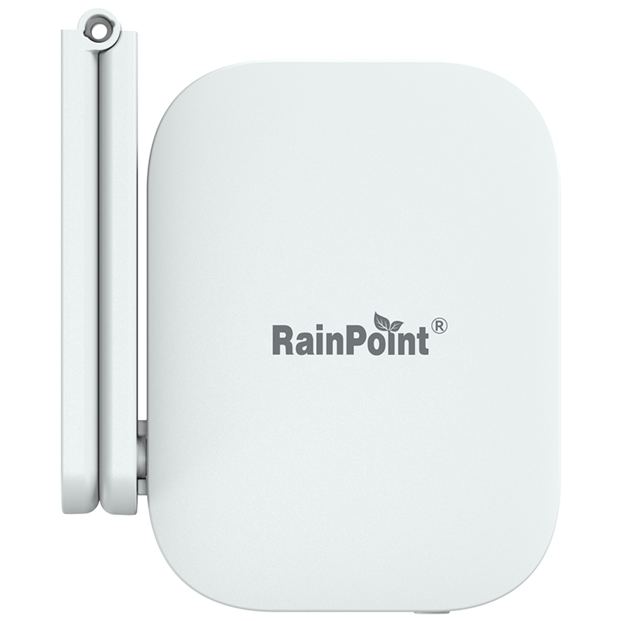 Białe urządzenie z logo RainPoint, zamontowane na uchwycie ściennym.