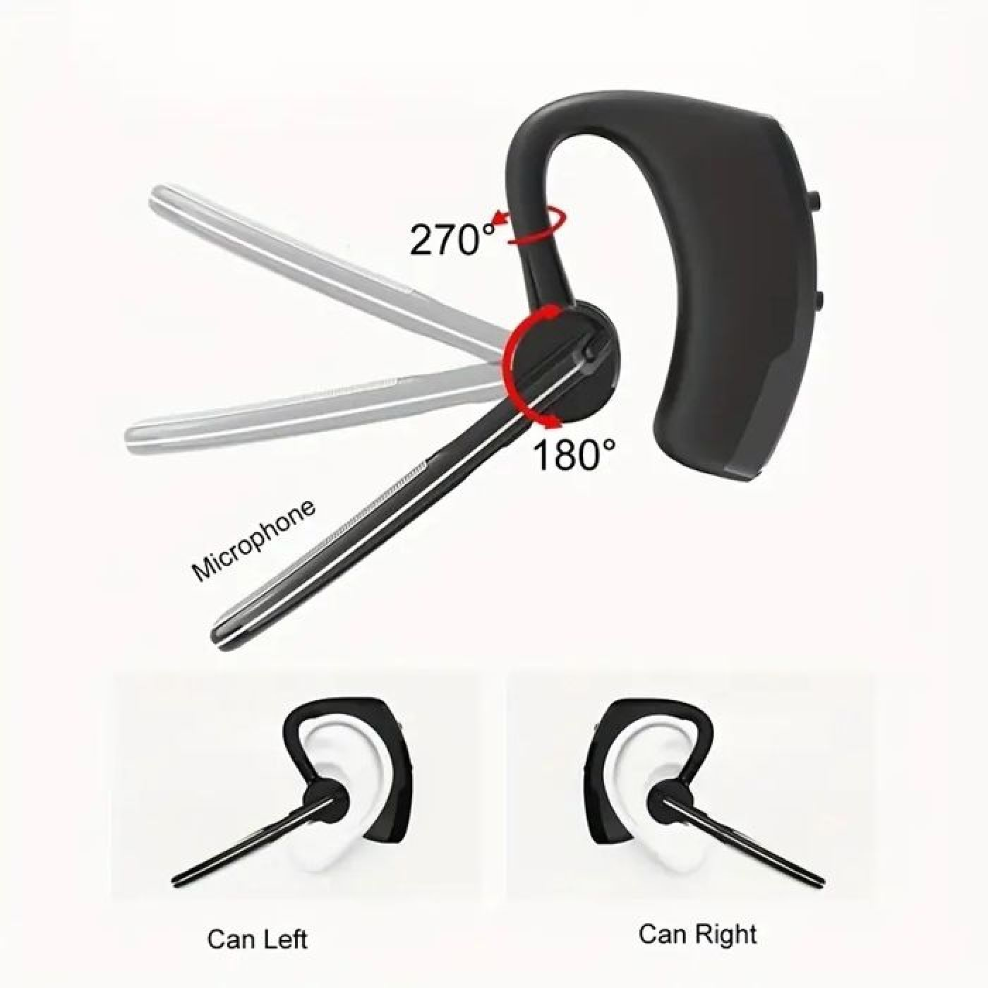 Schwarzer Bluetooth-Kopfhörer mit Mikrofon, 180°/270° drehbar, für rechtes/linkes Ohr.