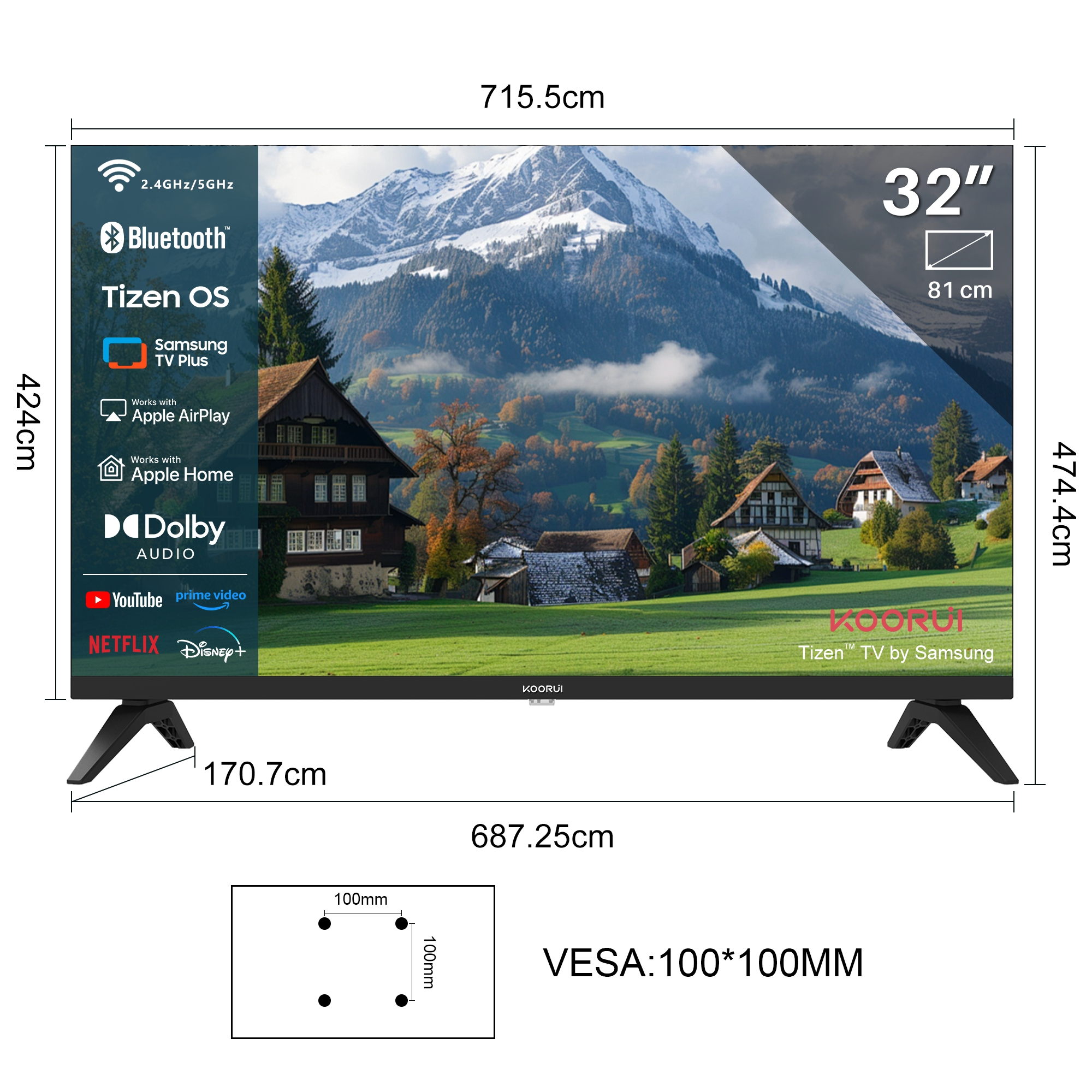 Ein 32-Zoll-Fernseher mit malerischer Bergdorf-Tapete. Abmessungen und Merkmale aufgeführt.