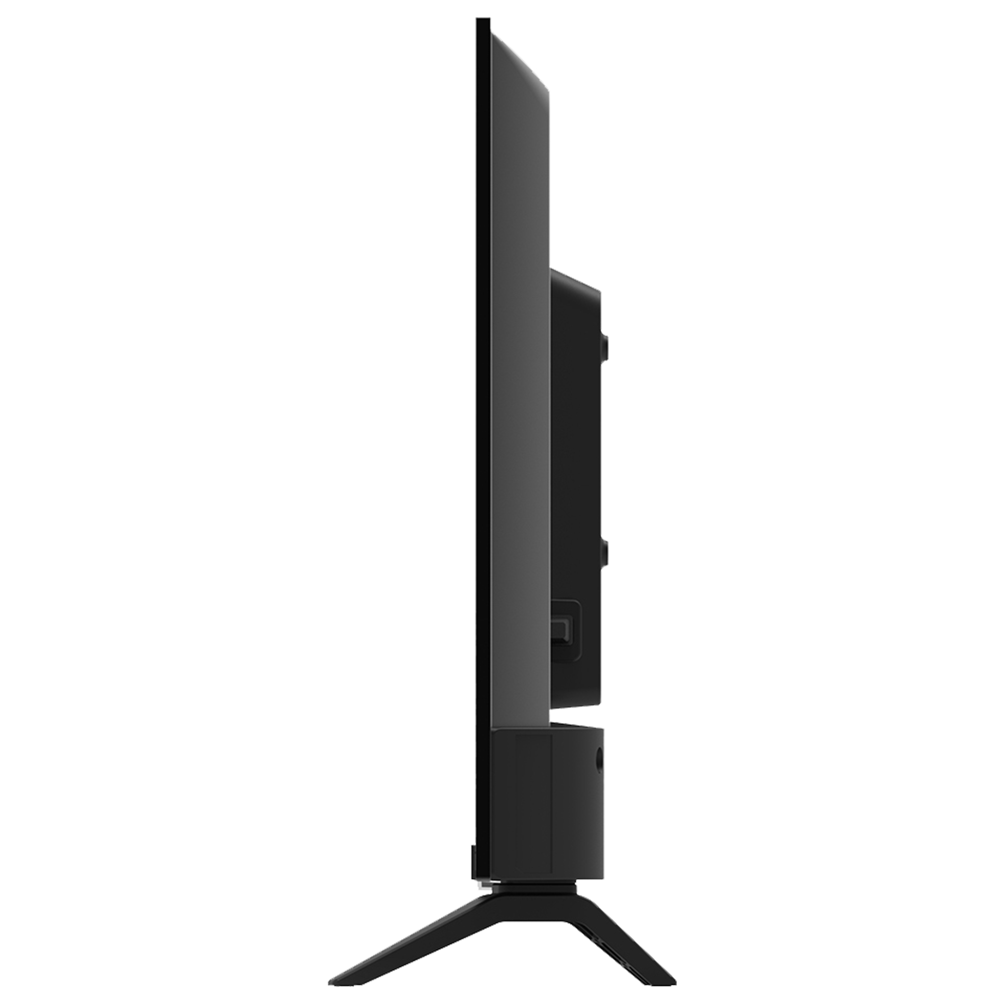 Schwarzer Fernseher mit Ständer, von der Seite gesehen.