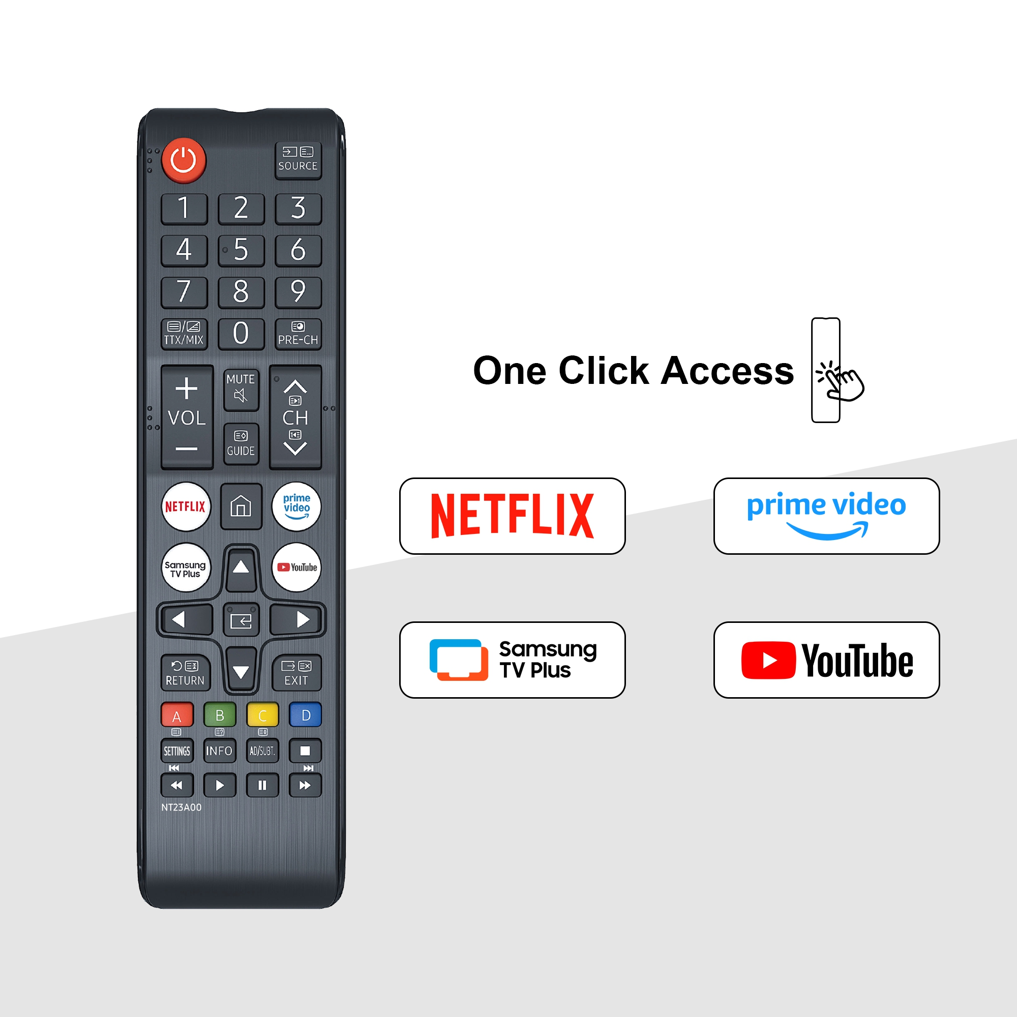 Eine dunkle Fernbedienung mit Netflix-, Prime Video-, YouTube- und Samsung TV Plus-Tasten.