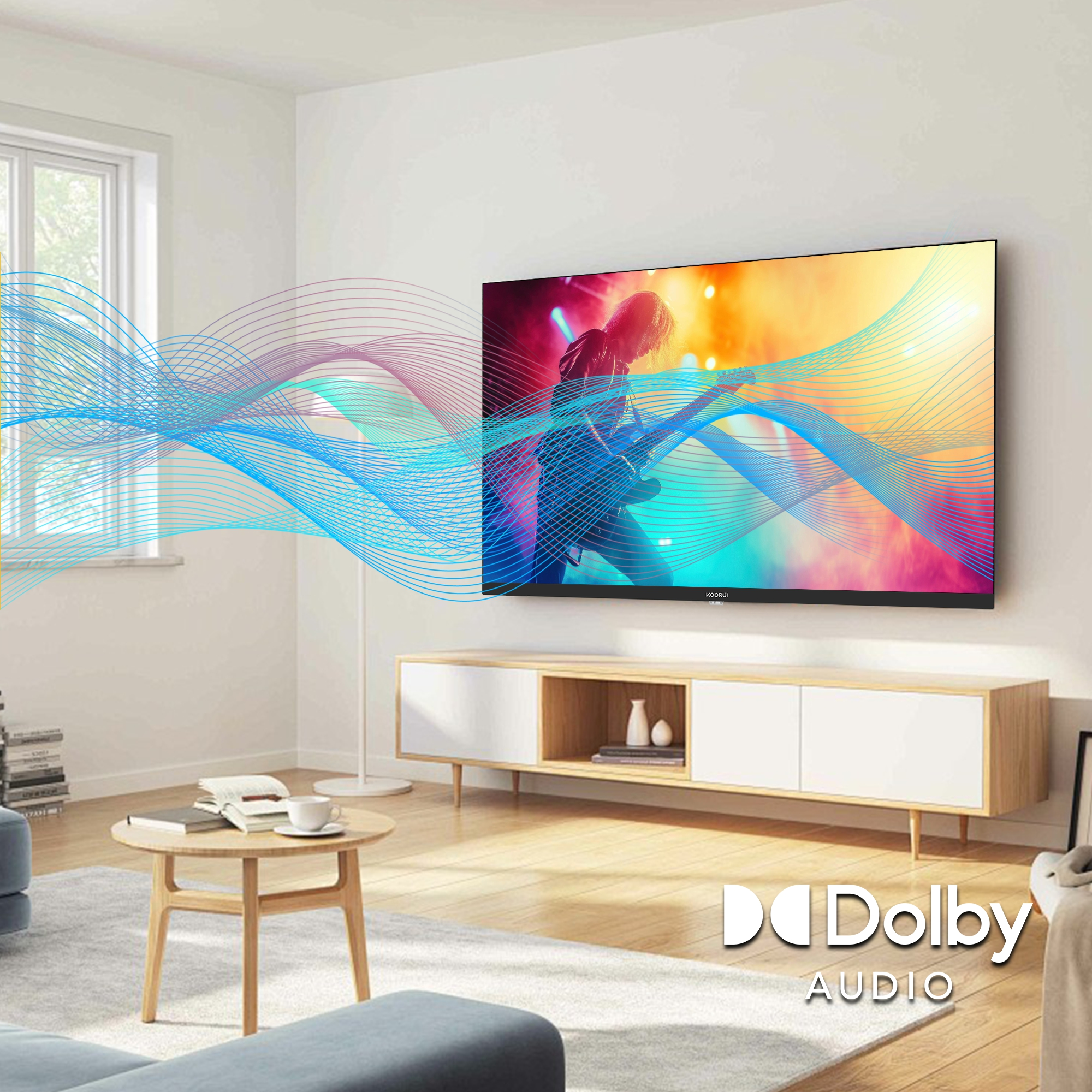 Ein Fernseher zeigt einen Gitarristen, umgeben von Wellenlinien. Einlowboard steht darunter.