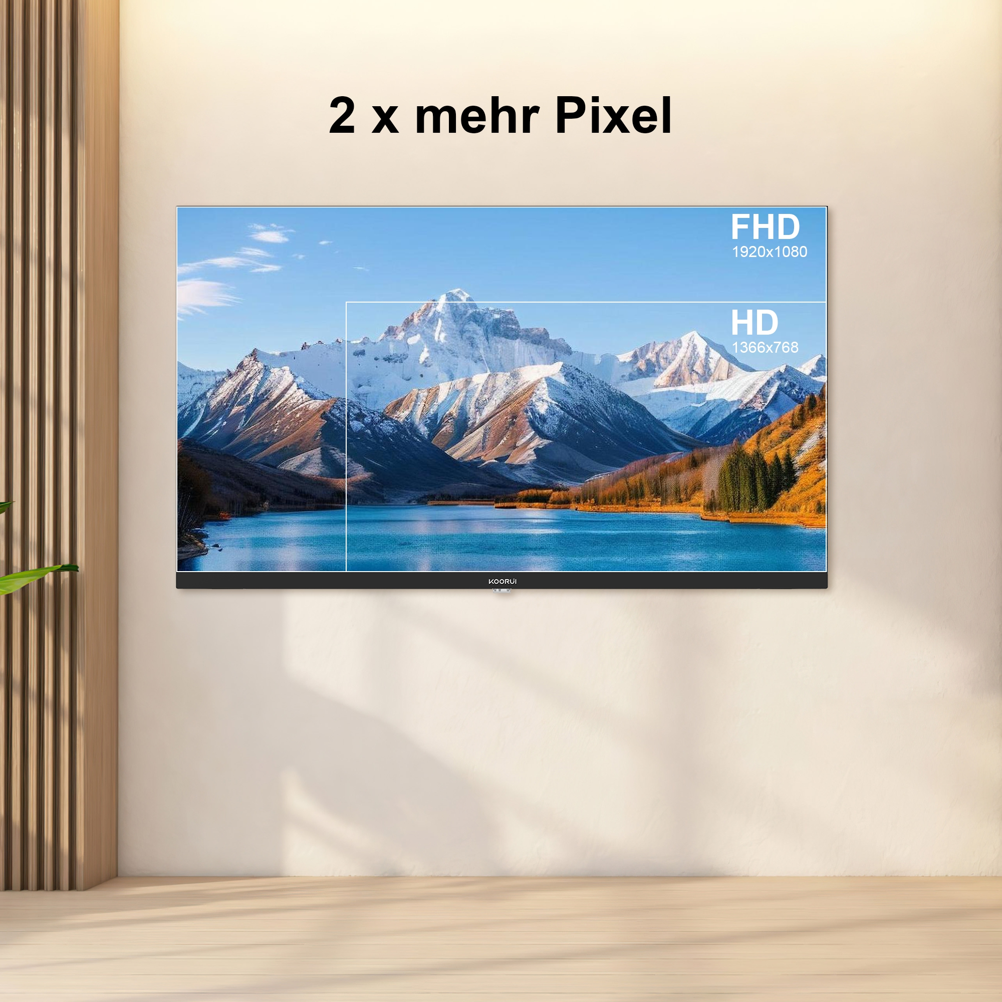 Ein Fernseher zeigt ein Bergpanorama mit See. FHD und HD Auflösungen werden verglichen.