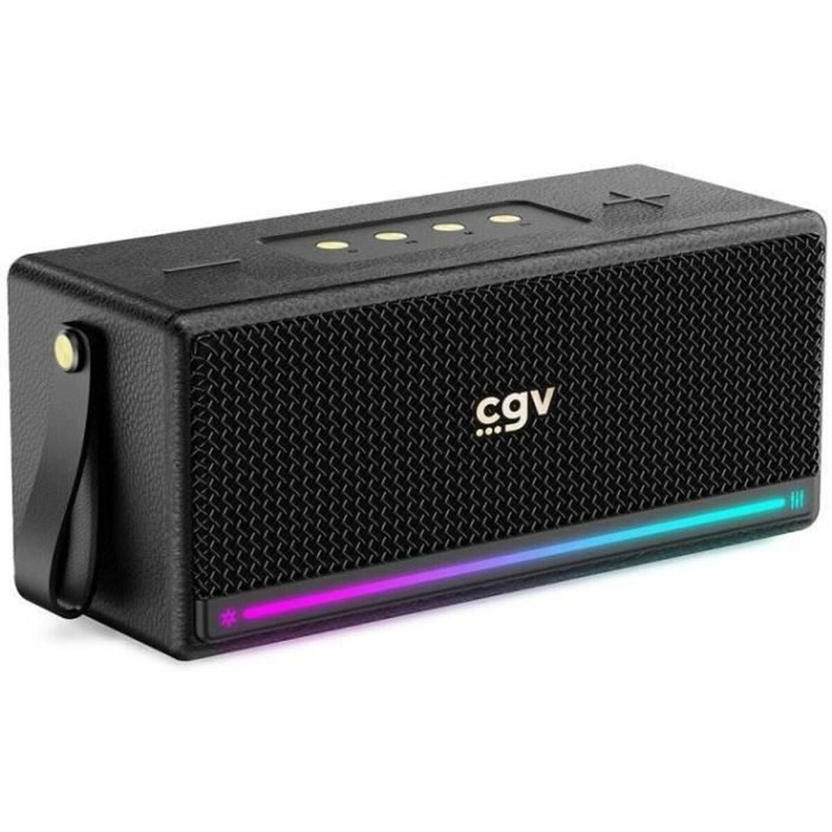 Altoparlante nero con logo CGV e illuminazione a LED multicolore.