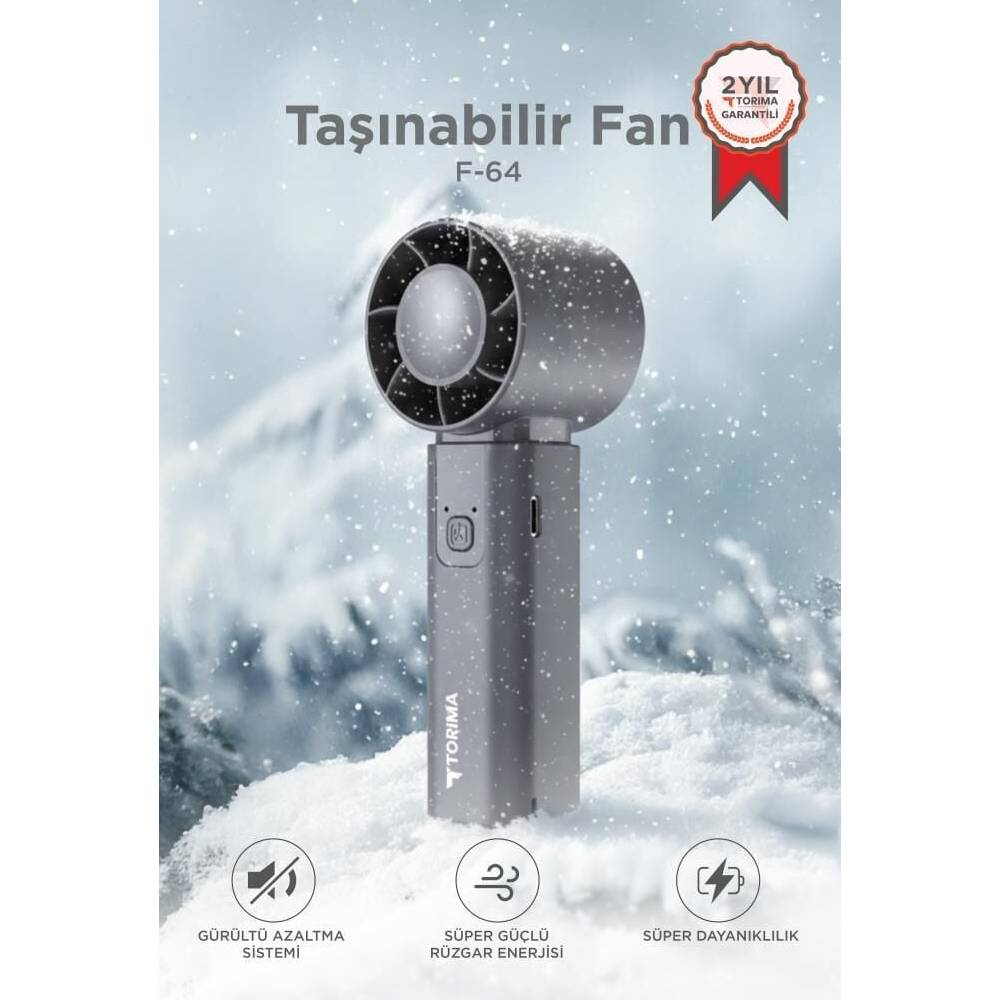 Gri, taşınabilir fan, 'Torima' logosu, karlı arka plan. 2 yıl garantili.