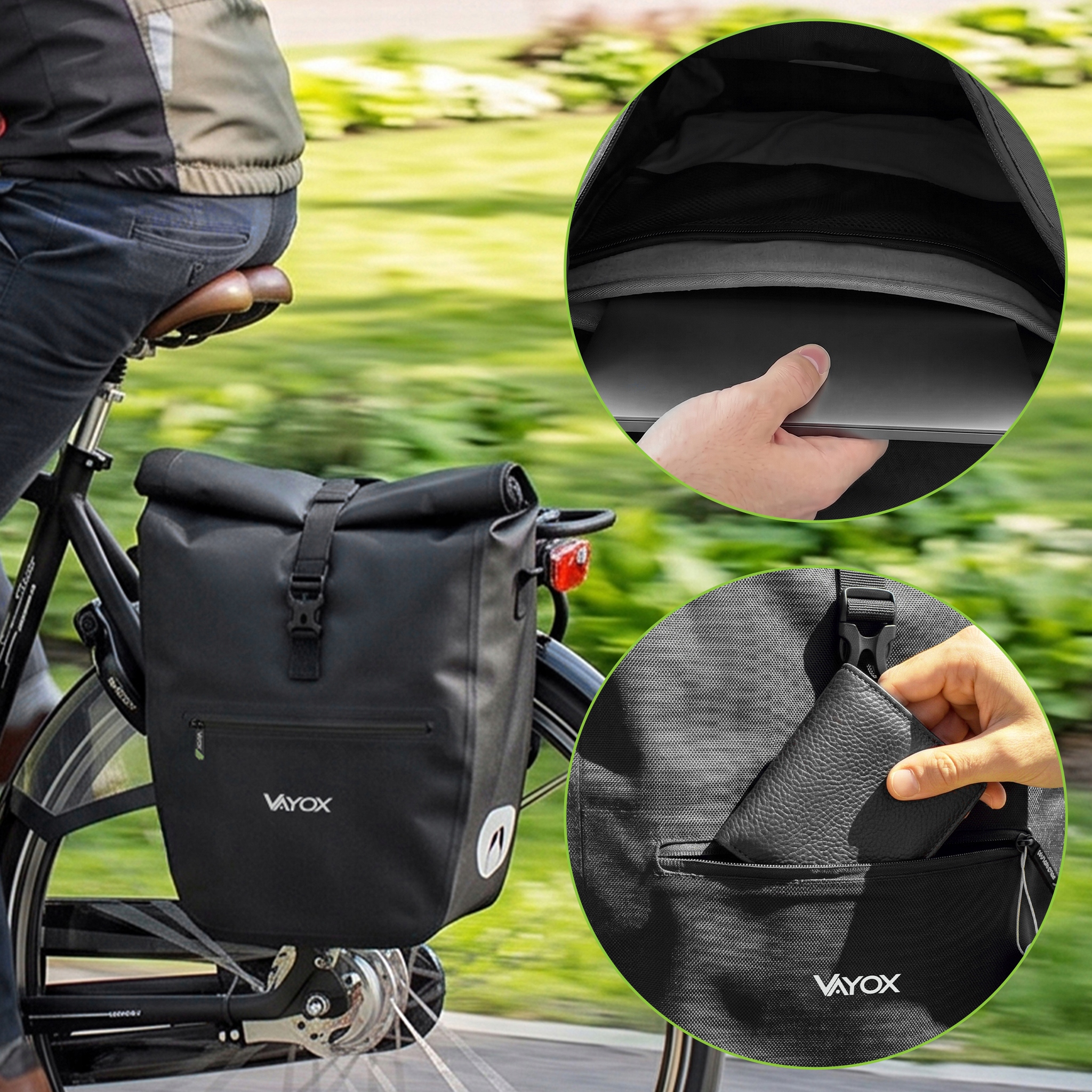 Czarna torba rowerowa z kieszenią na laptopa i portfel.