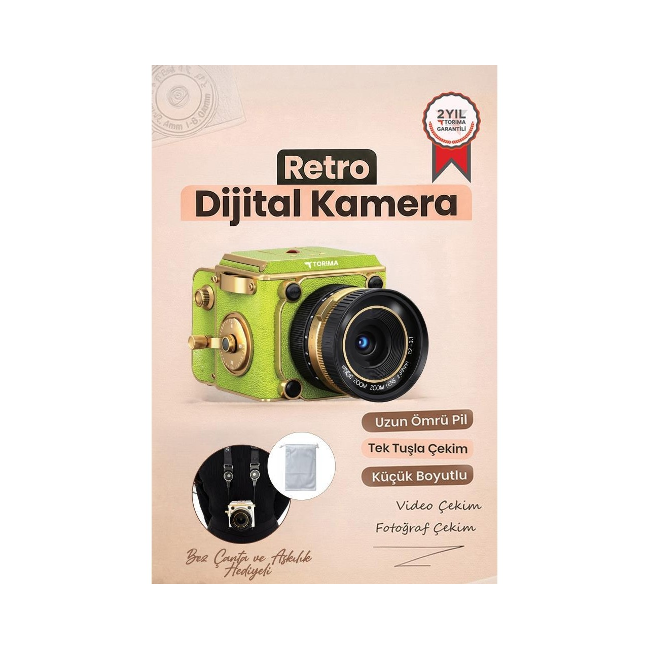 Altın aksesuarlı yeşil retro dijital kamera. Askı ve kılıf dahildir.