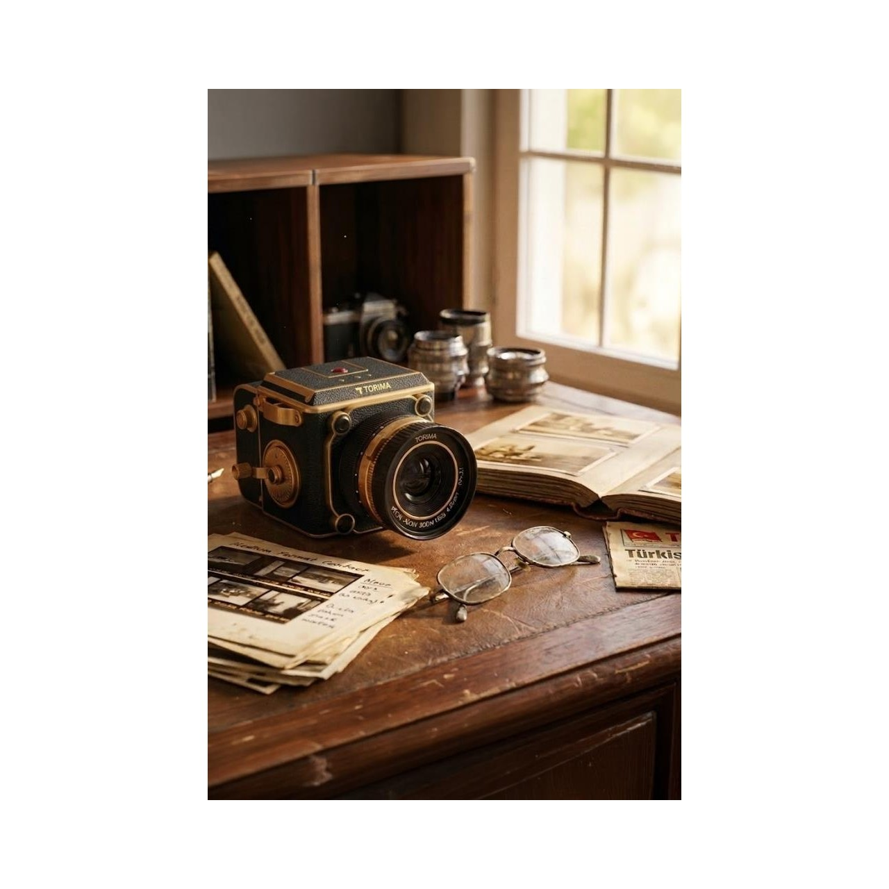 Ahşap bir masada vintage kamera, fotoğraf albümü ve gözlük.