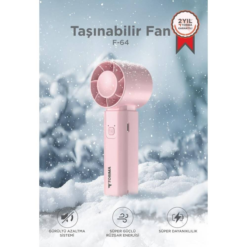 Karli bir arka plan üzerinde Torima logolu pembe, taşınabilir vantilatör.