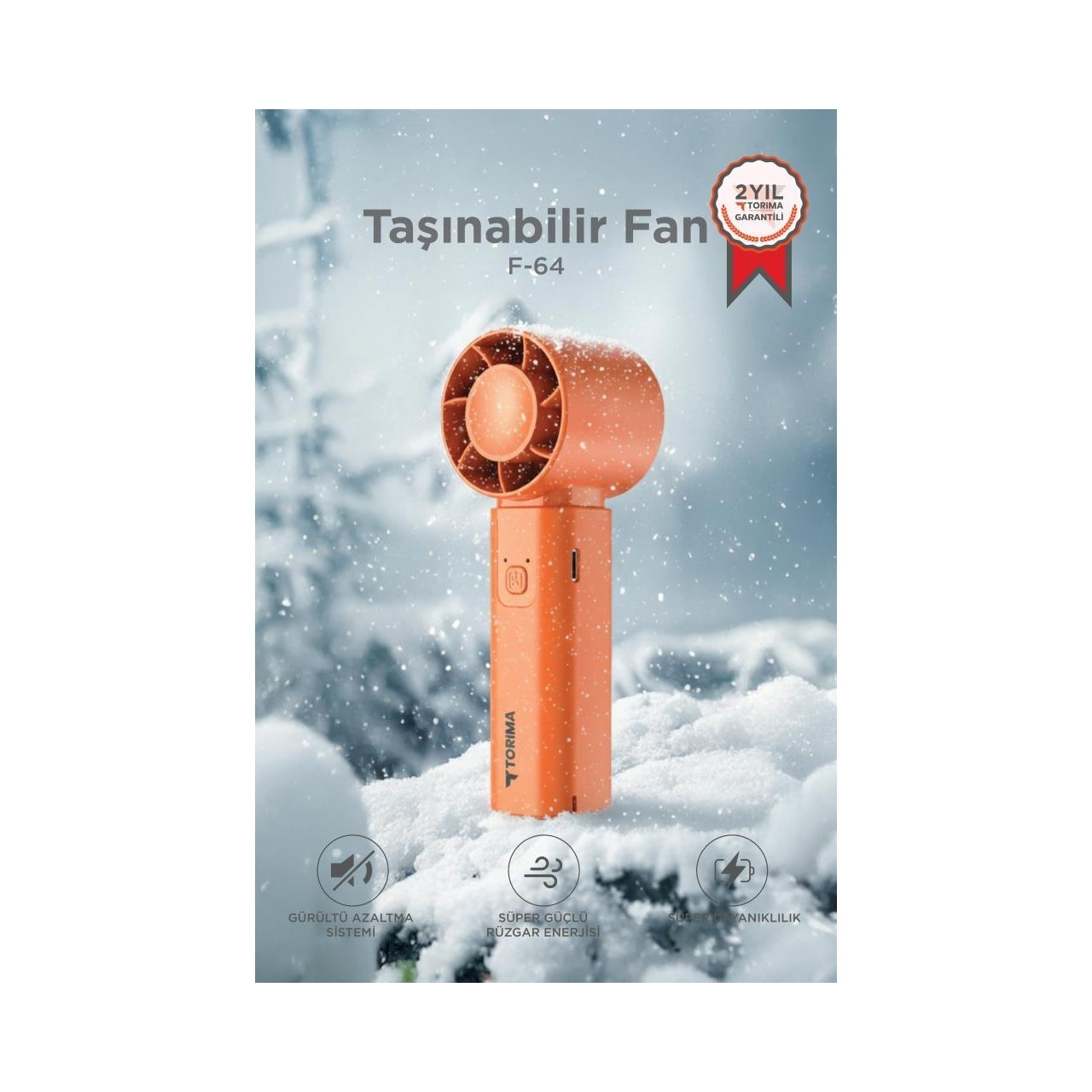 Turuncu taşınabilir fan kar üzerinde, metin ve simgelerle.