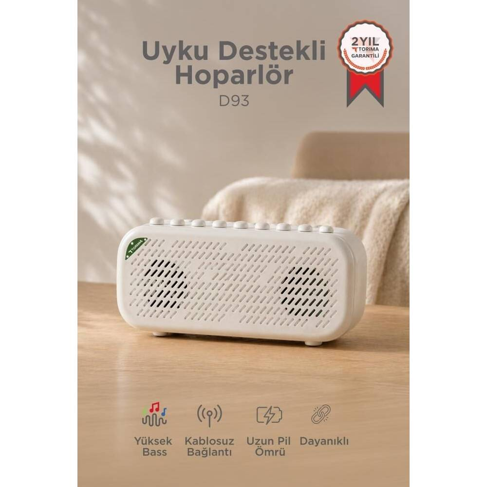 Uyku Destekli Hoparlör yazılı beyaz hoparlör ve 2 yıl garanti mührü.