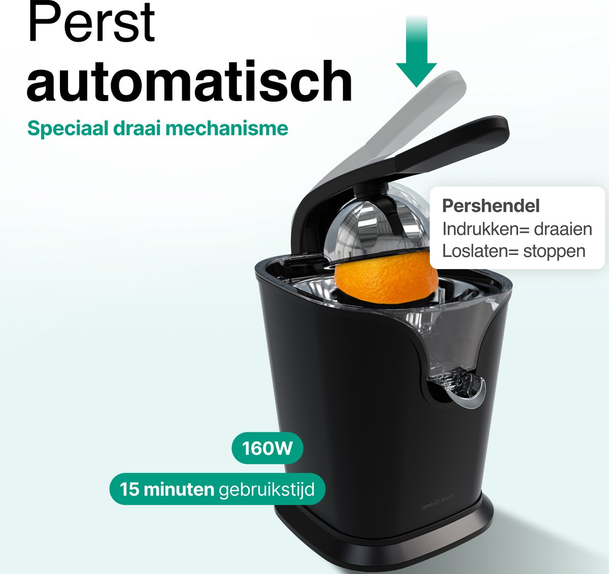 A black electric juicer with an orange half in the press. Label shows 160W.