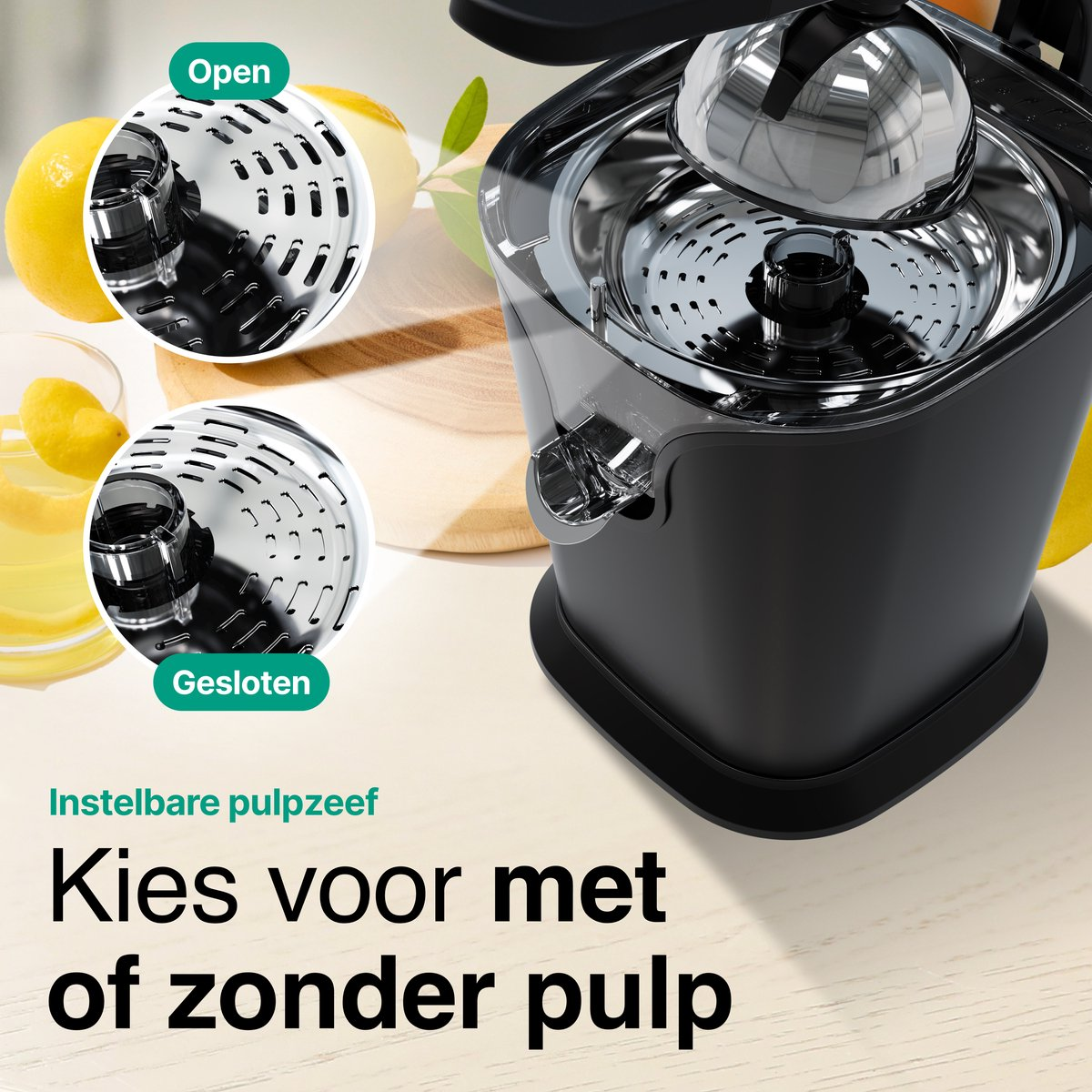 A black juicer with lemons. Pulp sieve options are open or closed.
