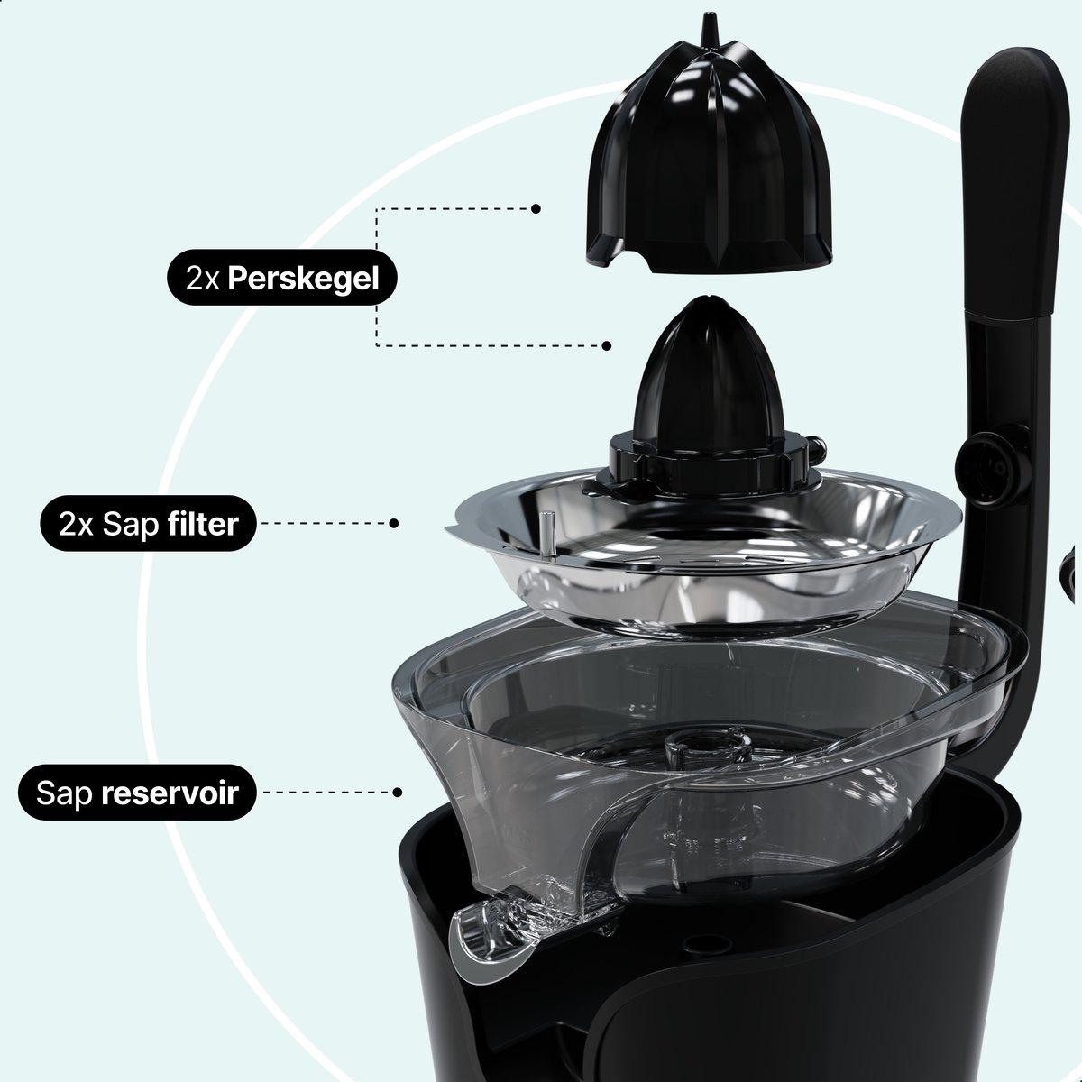 Disassembled black juicer showing press, sap filter, and sap reservoir.
