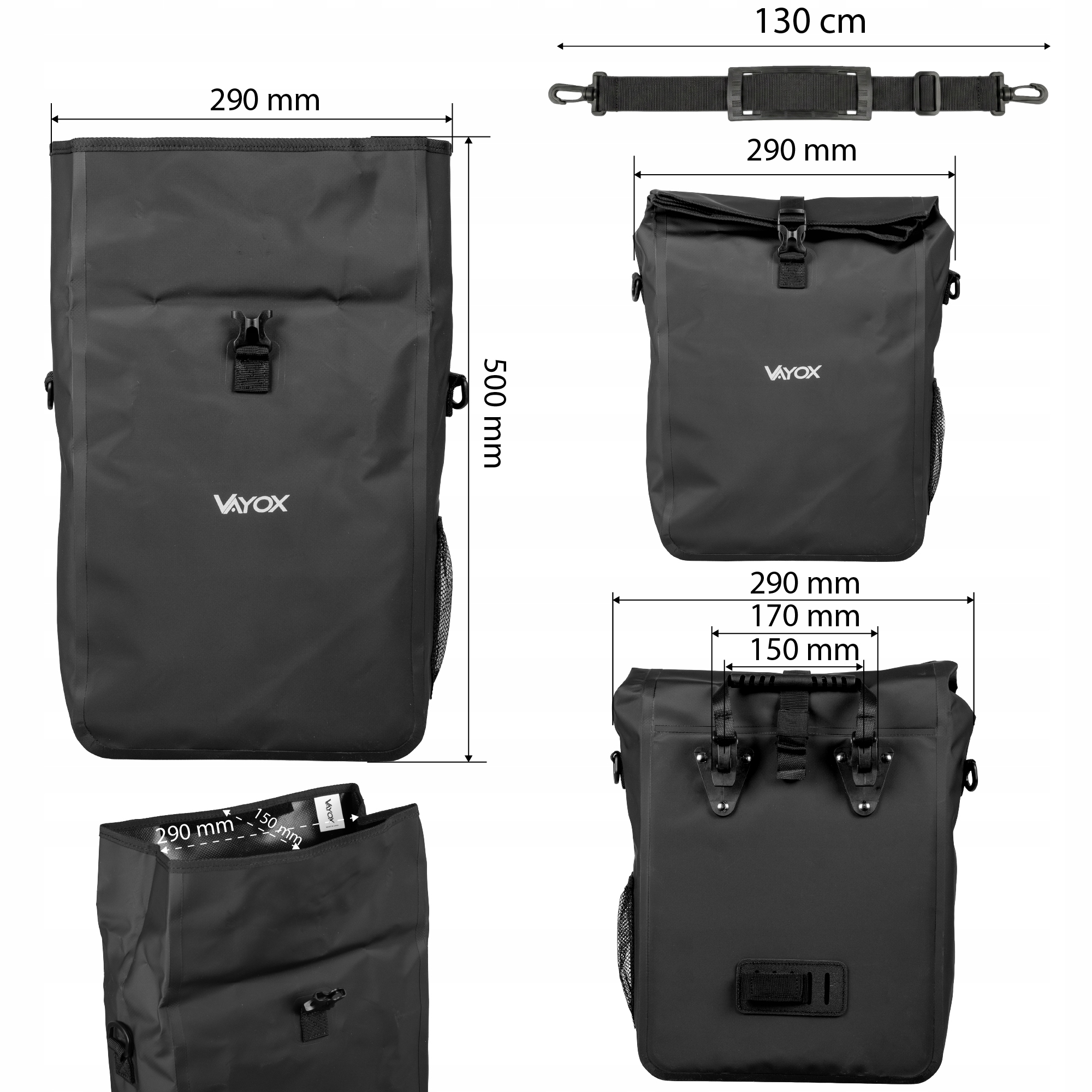 Czarna torba VAYOX o wymiarach 290 mm x 500 mm i paskiem. Wymiary pokazane.