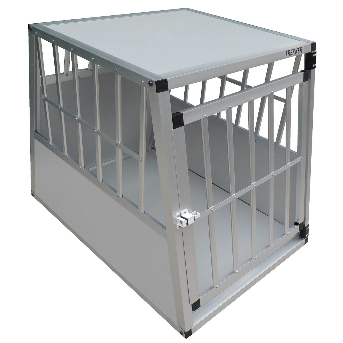 Ein silberner Hundekäfig aus Aluminium mit Gitterstäben und geschlossener Vorderseite.