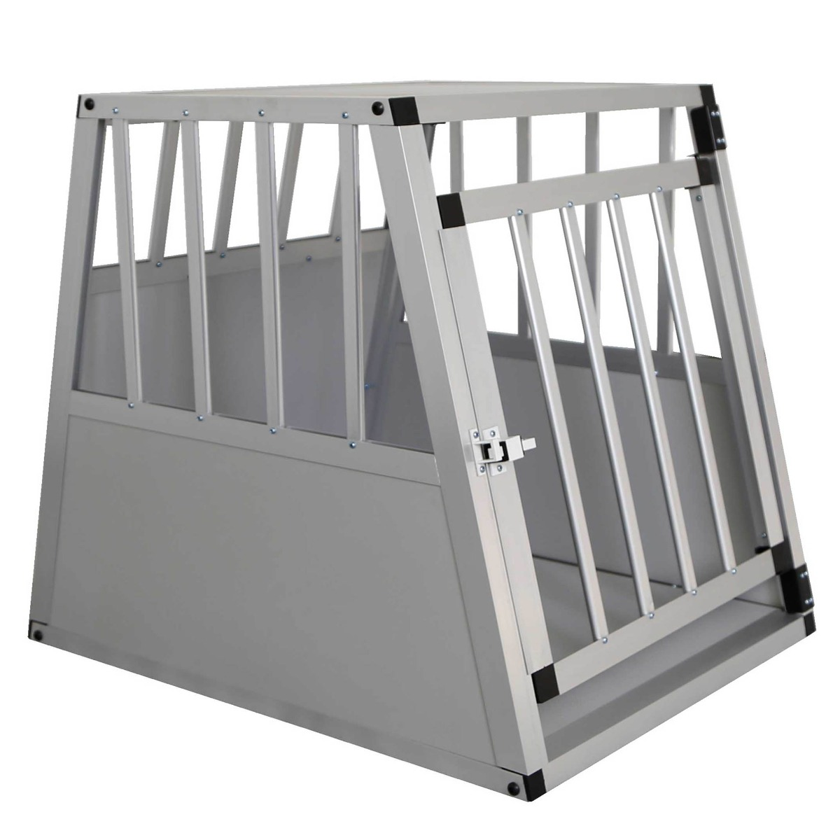 Ein silberner Hundekäfig aus Aluminium mit Gitterstäben und einer Tür.