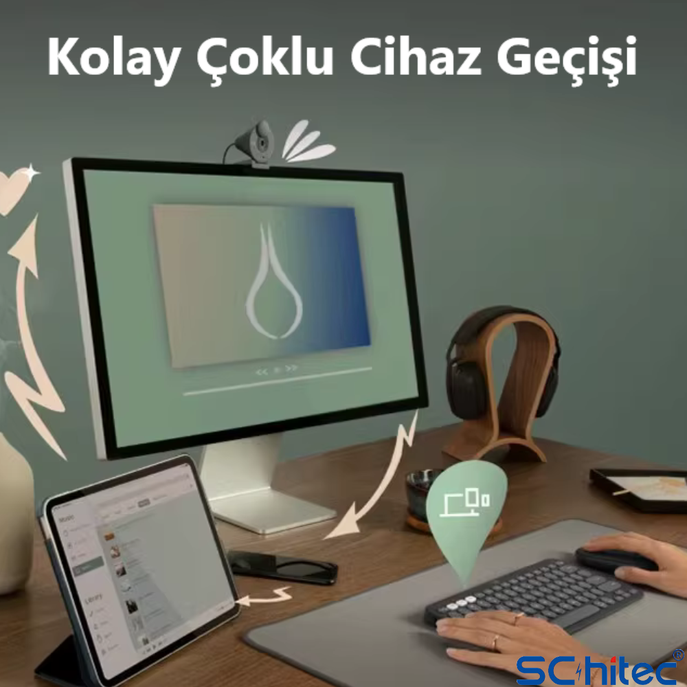 Monitörlü, tabletli, klavyeli, fareli ve kulaklıklı masaüstü kurulumu.
