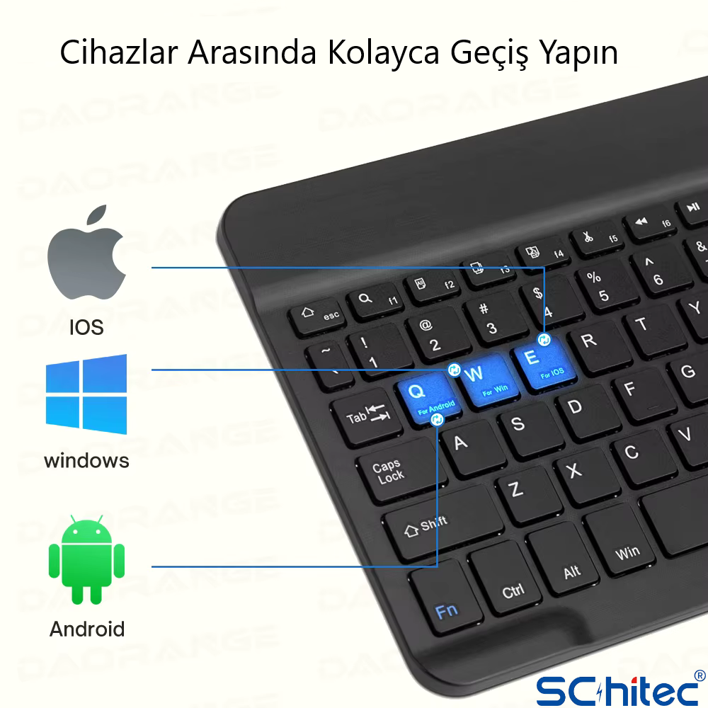 iOS, Windows ve Android logolu siyah klavye.