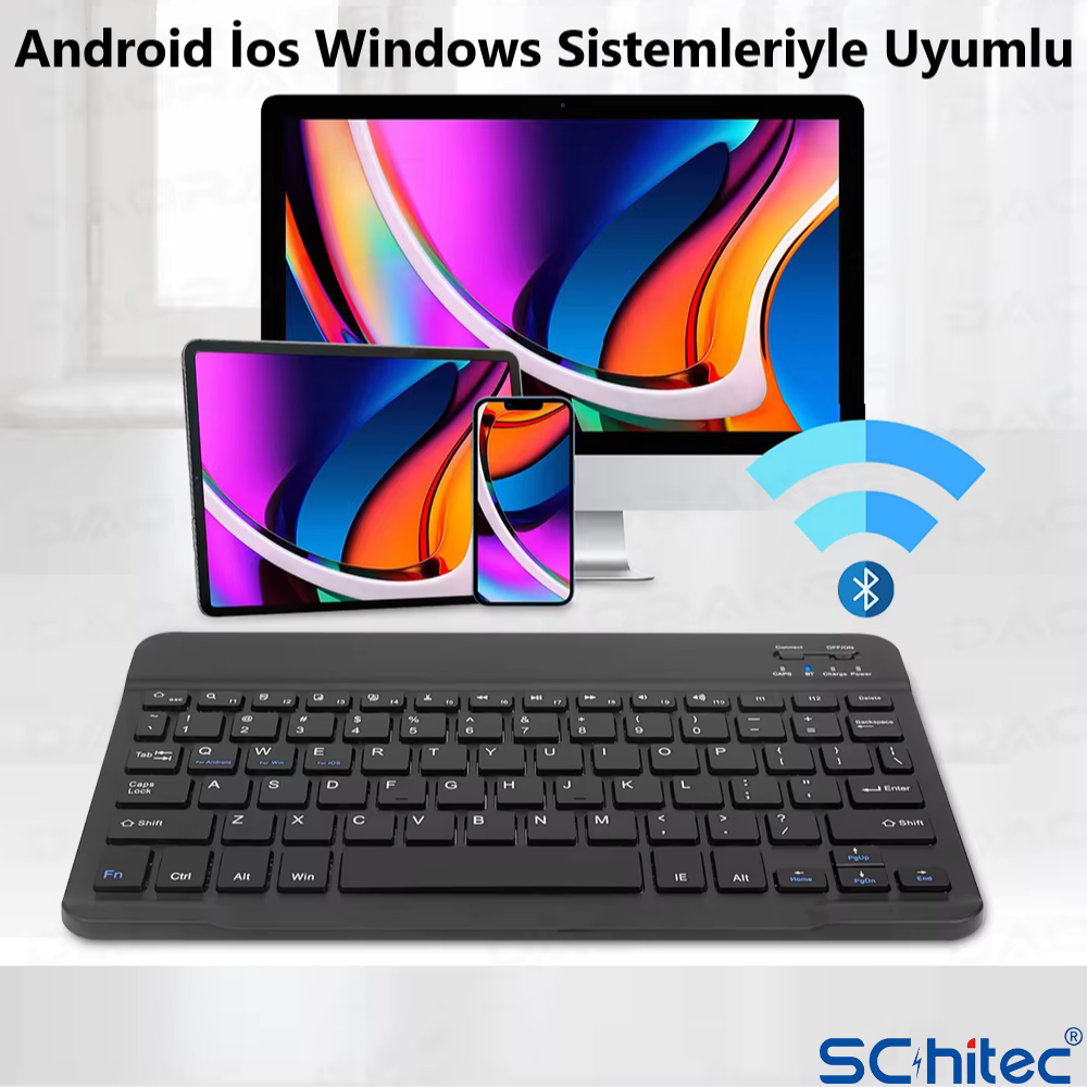 Bilgisayar, tablet, akıllı telefon ve klavye Wi-Fi sembolleriyle bağlıdır.