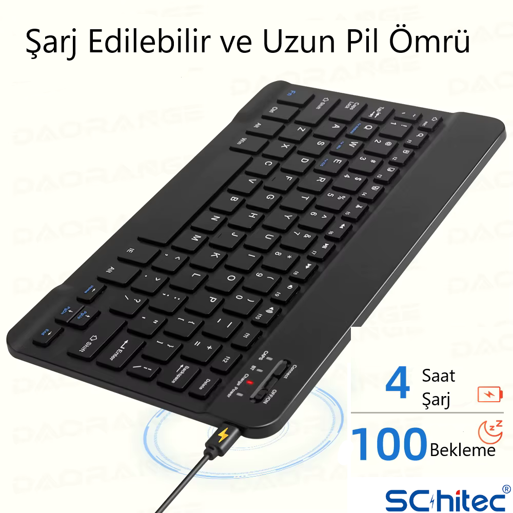 Siyah klavye USB şarj kablosuyla, 4 saat şarj, 100 gün bekleme.