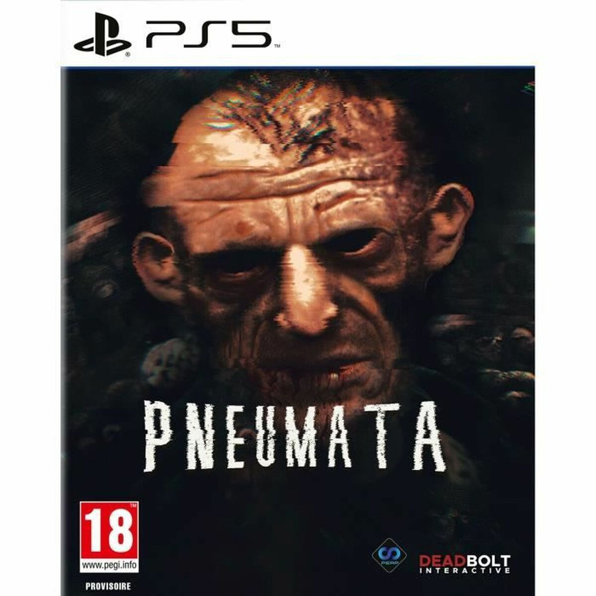 Copertina gioco PS5: Primo piano di un uomo inquietante, titolo 'PNEUMATA'.