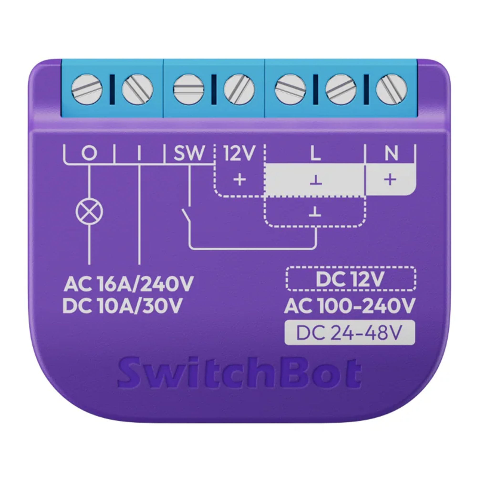 Fioletowe urządzenie SwitchBot ze złączami śrubowymi i schematami AC/DC.