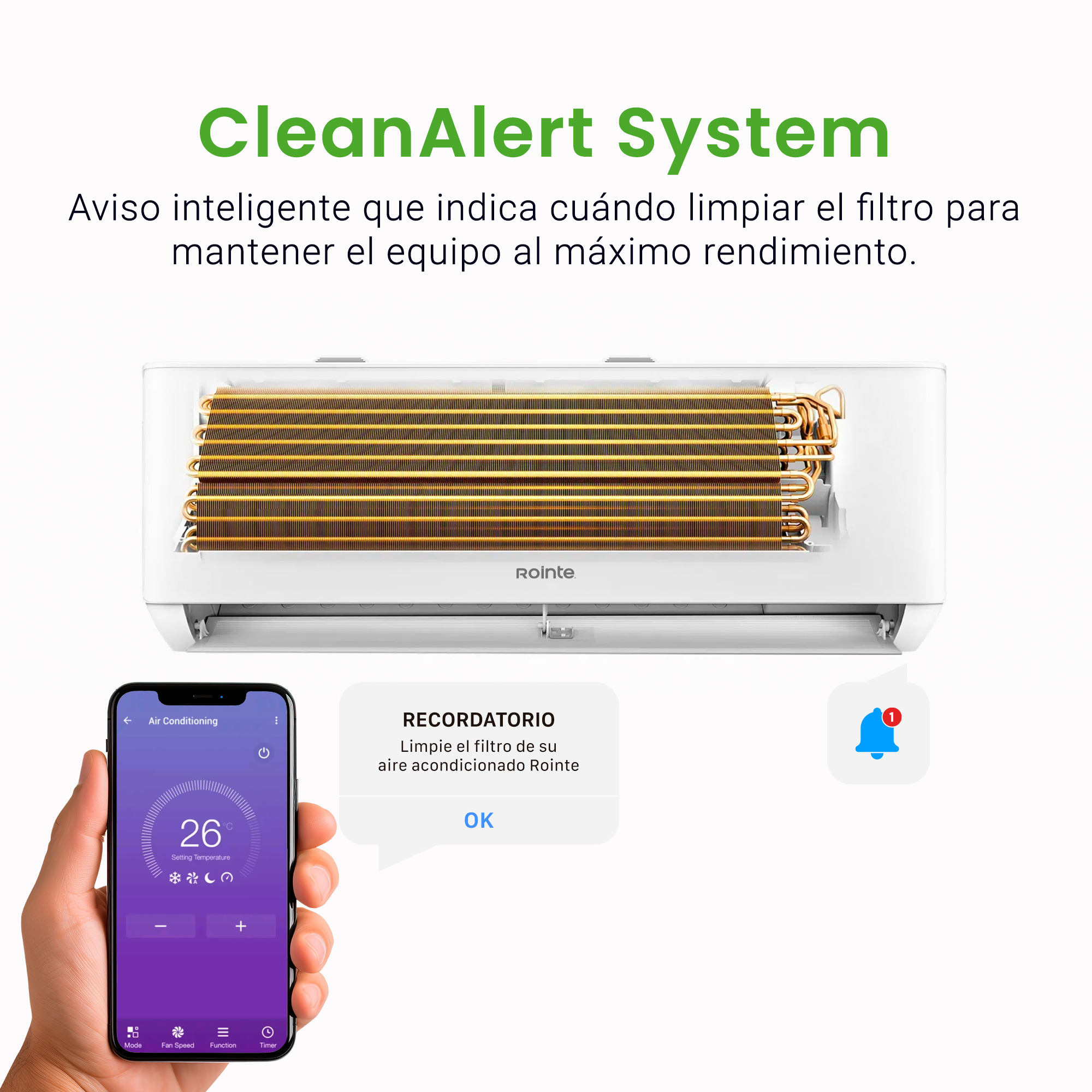 Un smartphone muestra una app de aire acondicionado con 26°C. Se ve un aire acondicionado con tubos de cobre.