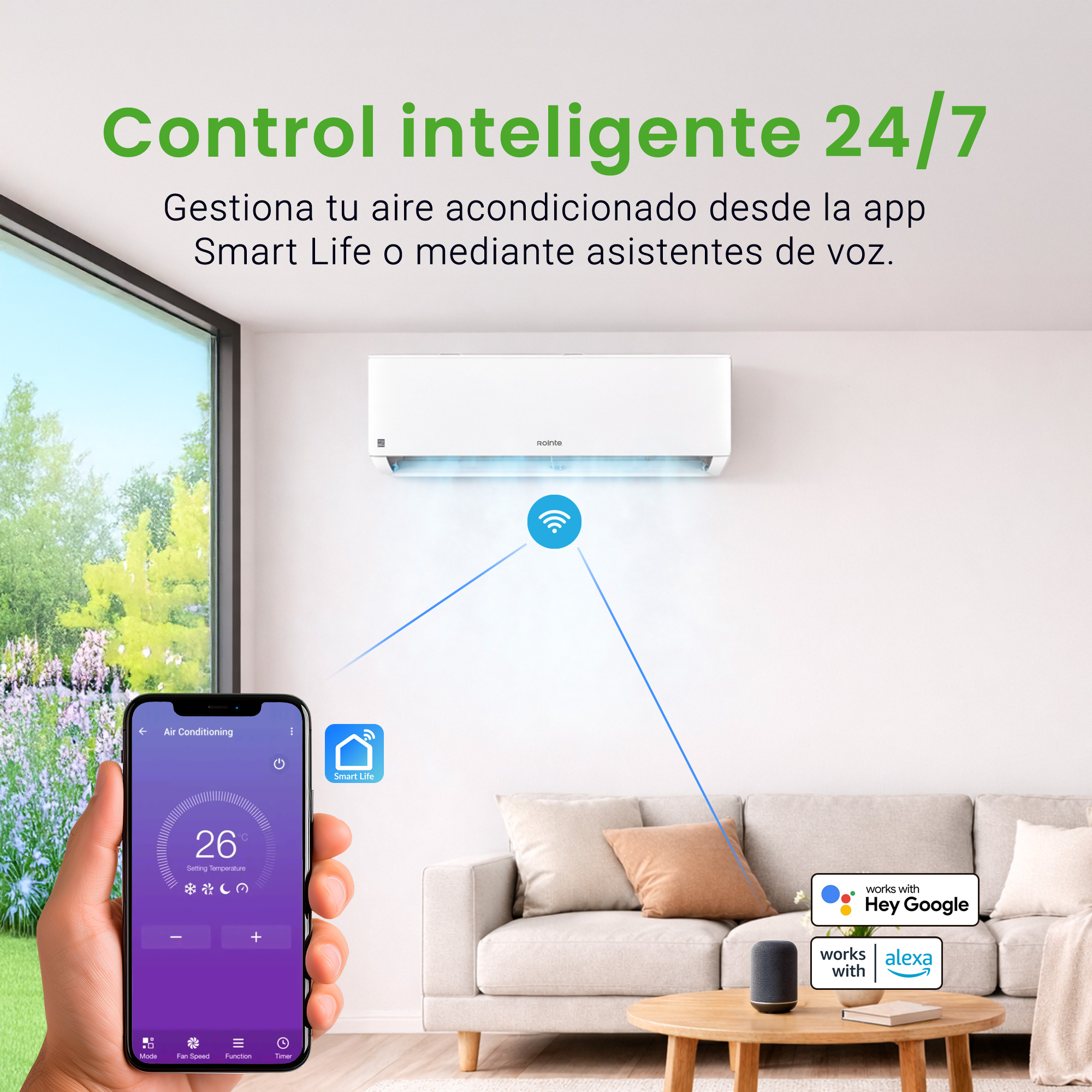 Un smartphone controla un aire acondicionado compatible con Alexa y Google.