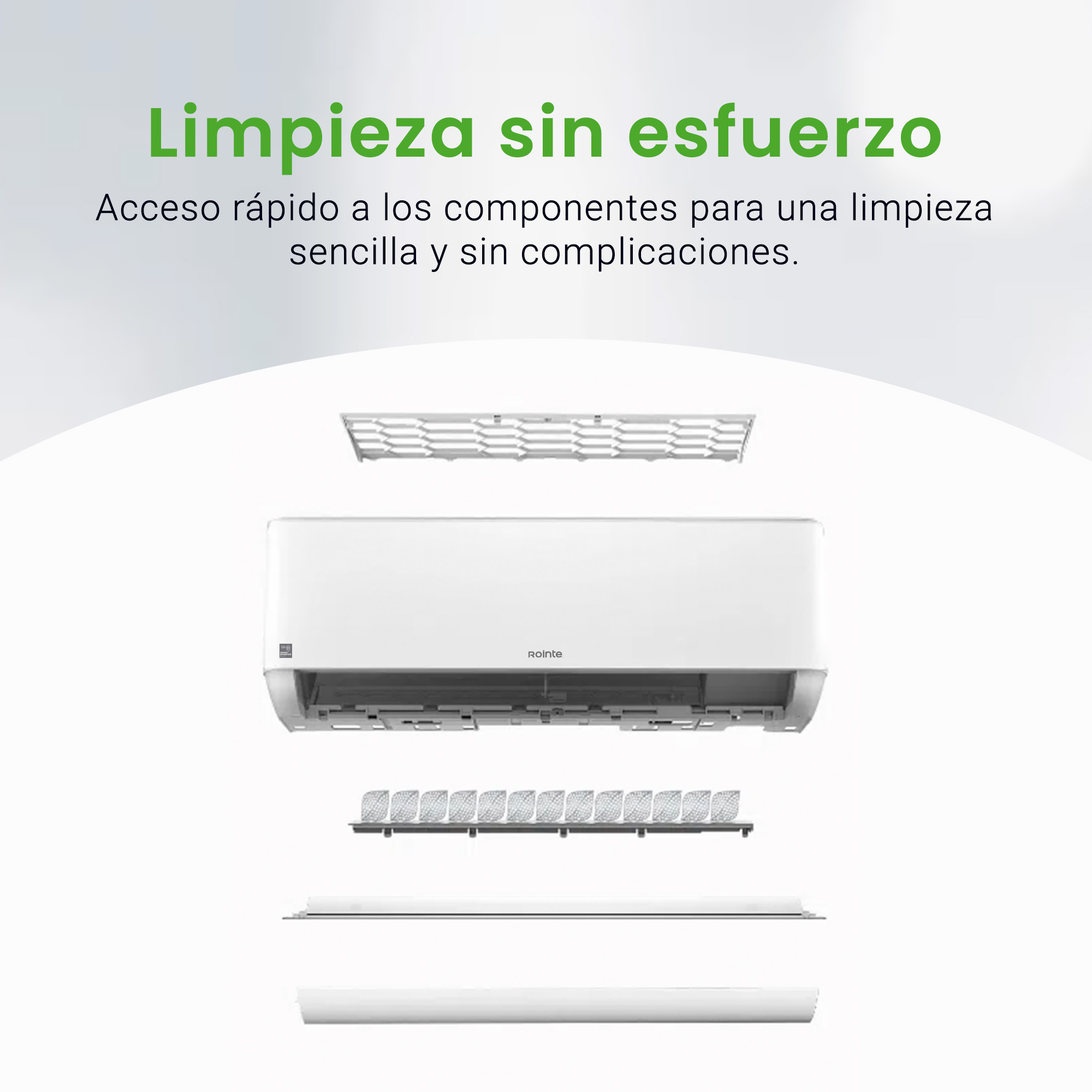 Aire acondicionado blanco desmontado con filtros y rejilla.