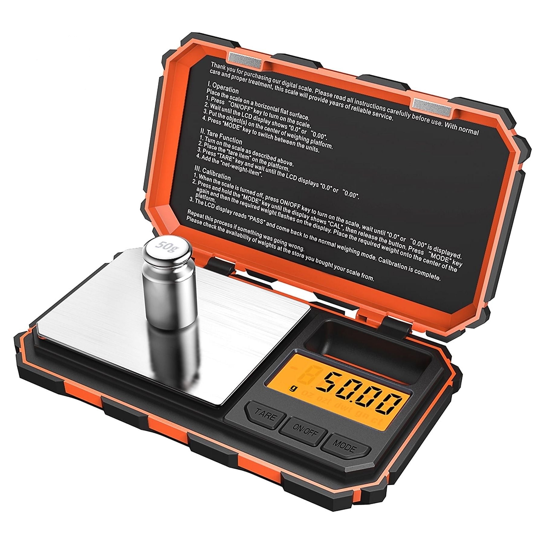 Eine digitale Waage mit orangefarbenem Gehäuse, die ein 50-g-Gewicht anzeigt.