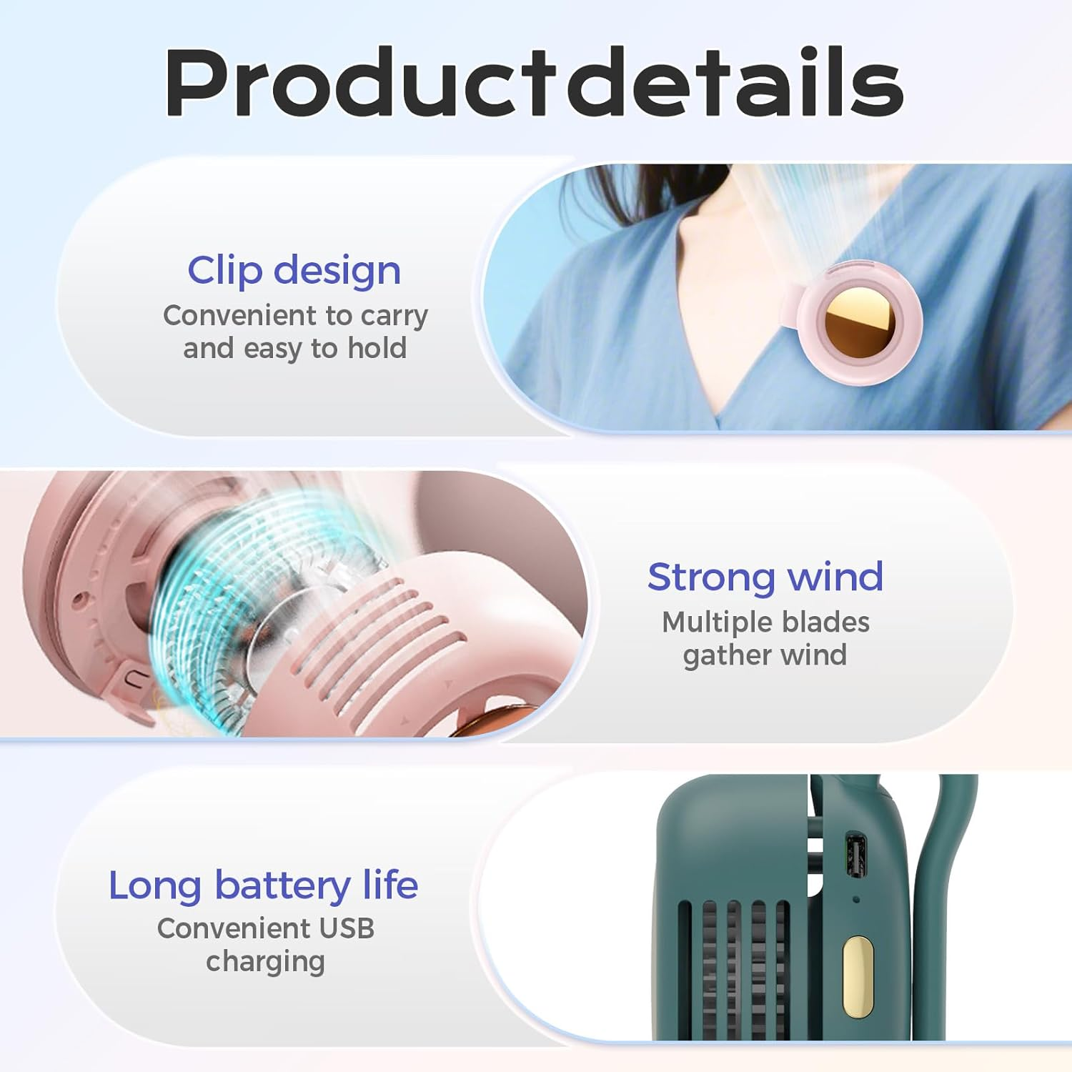 Produktübersicht: Clip-Design, starker Wind und lange Akkulaufzeit.