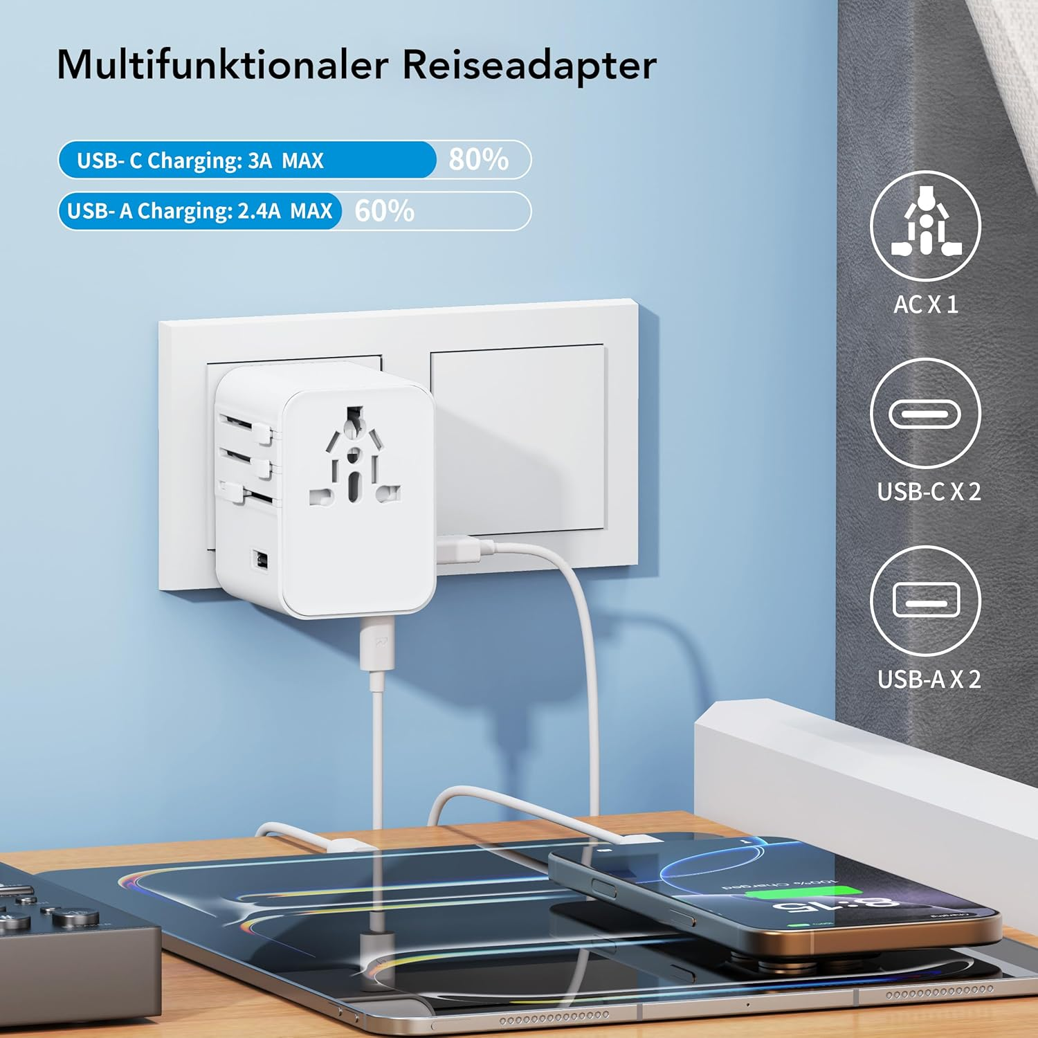 Reiseadapter mit USB-C und USB-A Ladeoptionen, lädt ein Handy und Tablet.
