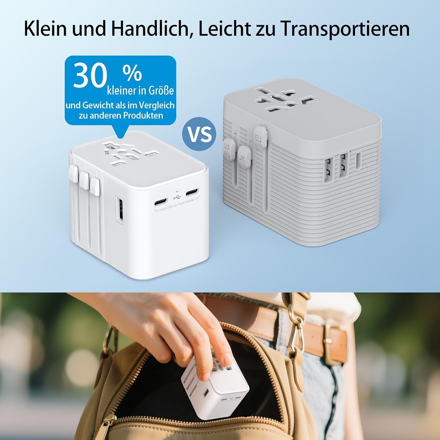 Ein kompakter Reiseadapter wird in eine Tasche gesteckt. Links daneben ein zweiter Adapter.