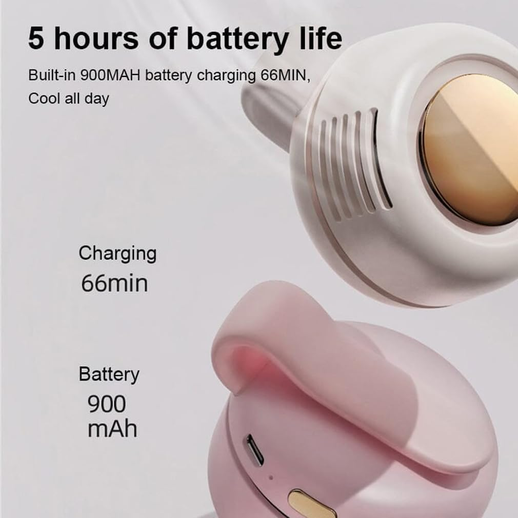 Zwei tragbare Ventilatoren, einer weiß, einer rosa. Textdetails Akkulaufzeit und Ladezeit.