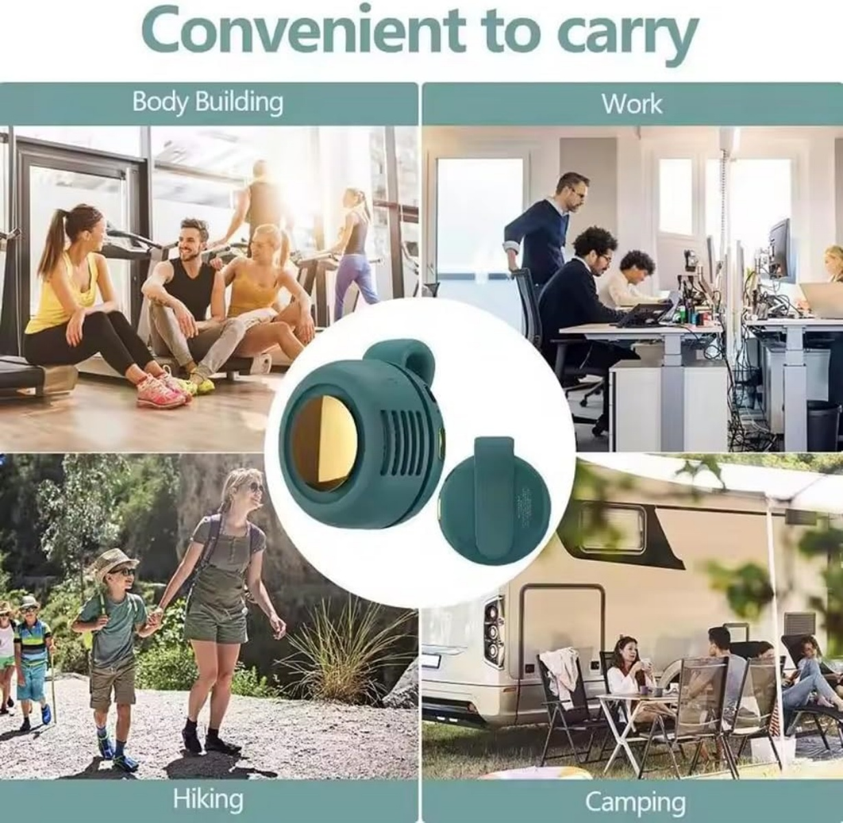 Ein grüner Nackenventilator mit Zubehör, der für Fitness, Arbeit und Camping wirbt.
