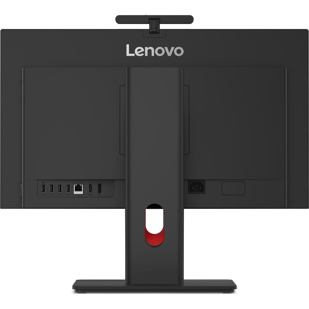 Vue arrière d'un ordinateur tout-en-un Lenovo noir avec ports et support.