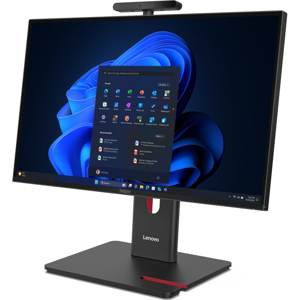 Un ordinateur de bureau Lenovo ThinkCentre avec Windows 11 à l'écran. Une webcam est montée au-dessus.