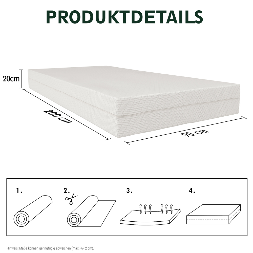 Ein weißes Matratzenprodukt mit Größenangaben und vier Schritten zur Entfaltung.