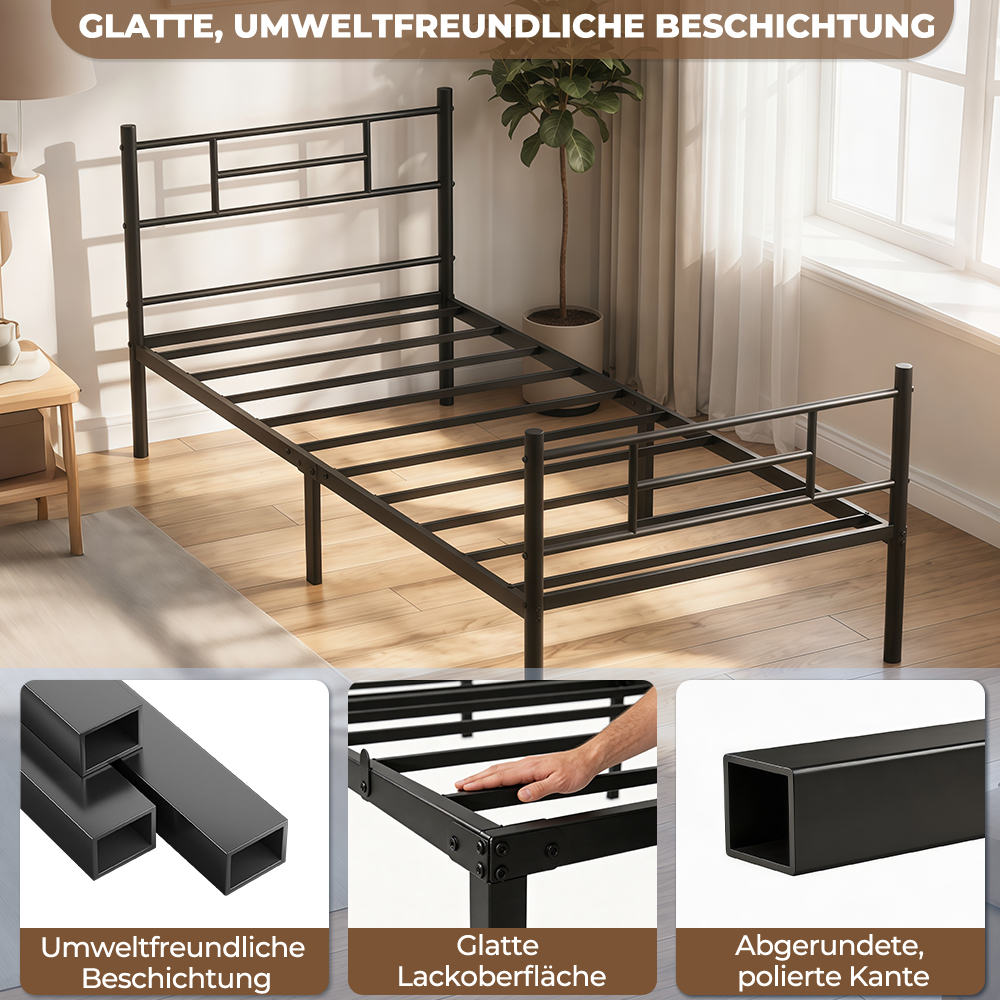 Ein schwarzes Metallbettgestell mit Lattenrost und Kopfteil, Nahaufnahmen zeigen Details.