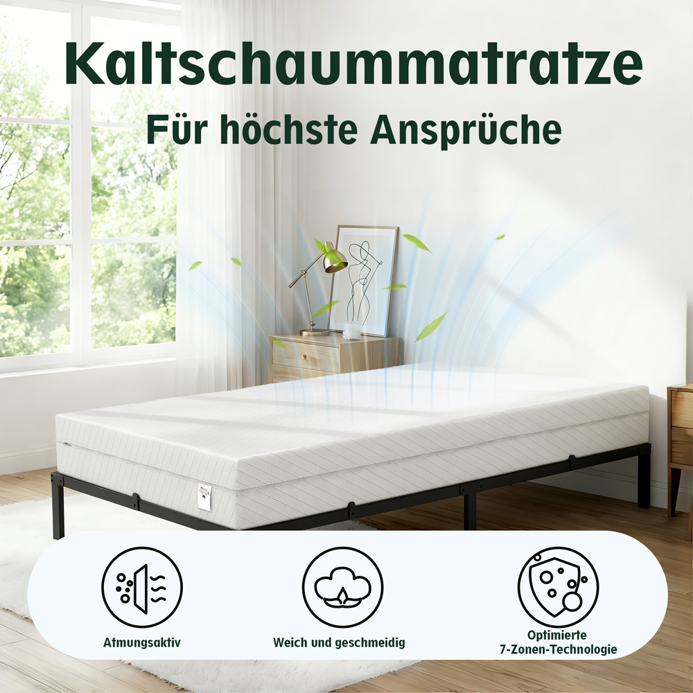 Kaltschaummatratze mit drei Symbolen: Atmungsaktiv, Weich, 7-Zonen-Technologie.