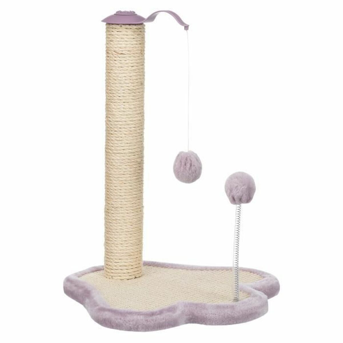 Un rascador de sisal beige con borde morado y dos juguetes morados colgando.