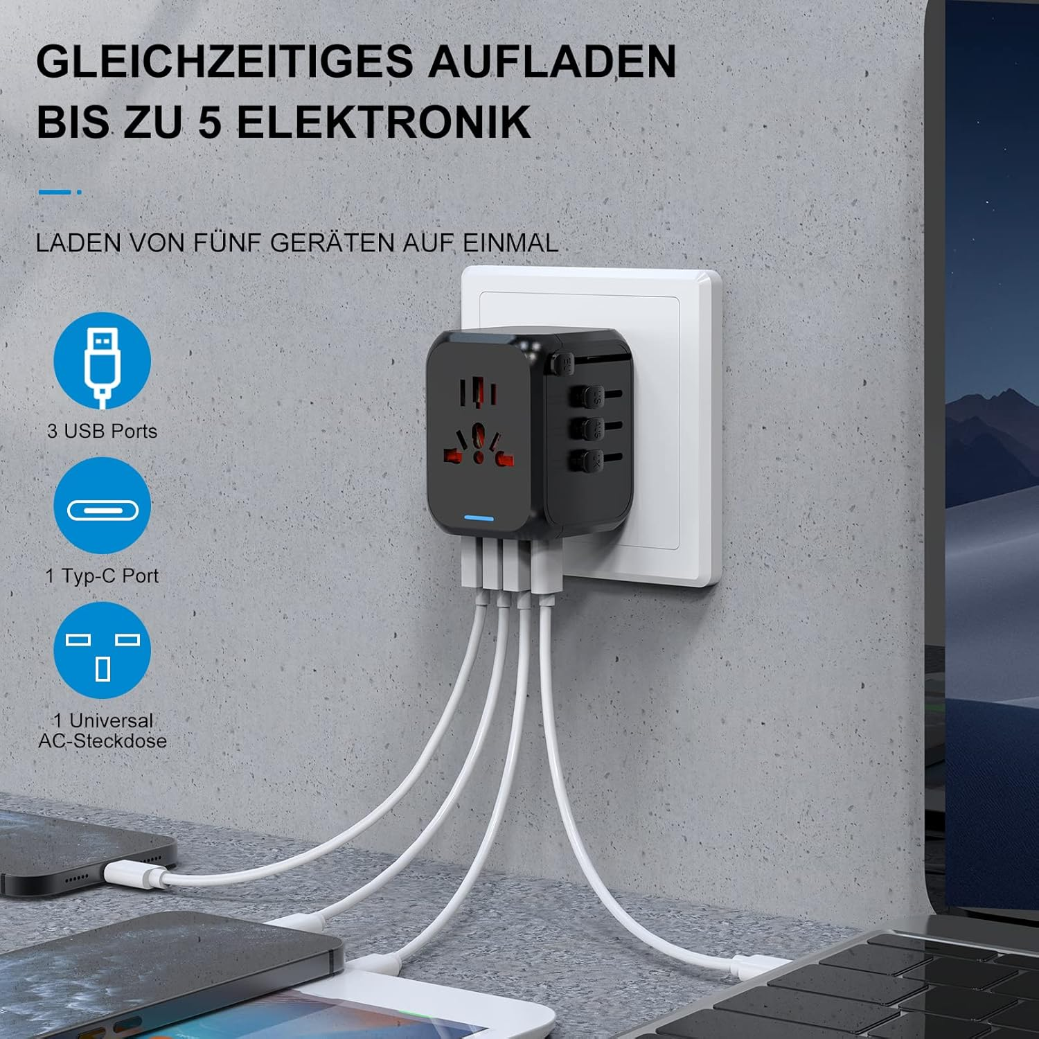 Ein Reiseadapter mit 3 USB-Ports, 1 Typ-C-Port und 1 Universal-Steckdose, der bis zu 5 Geräte lädt.