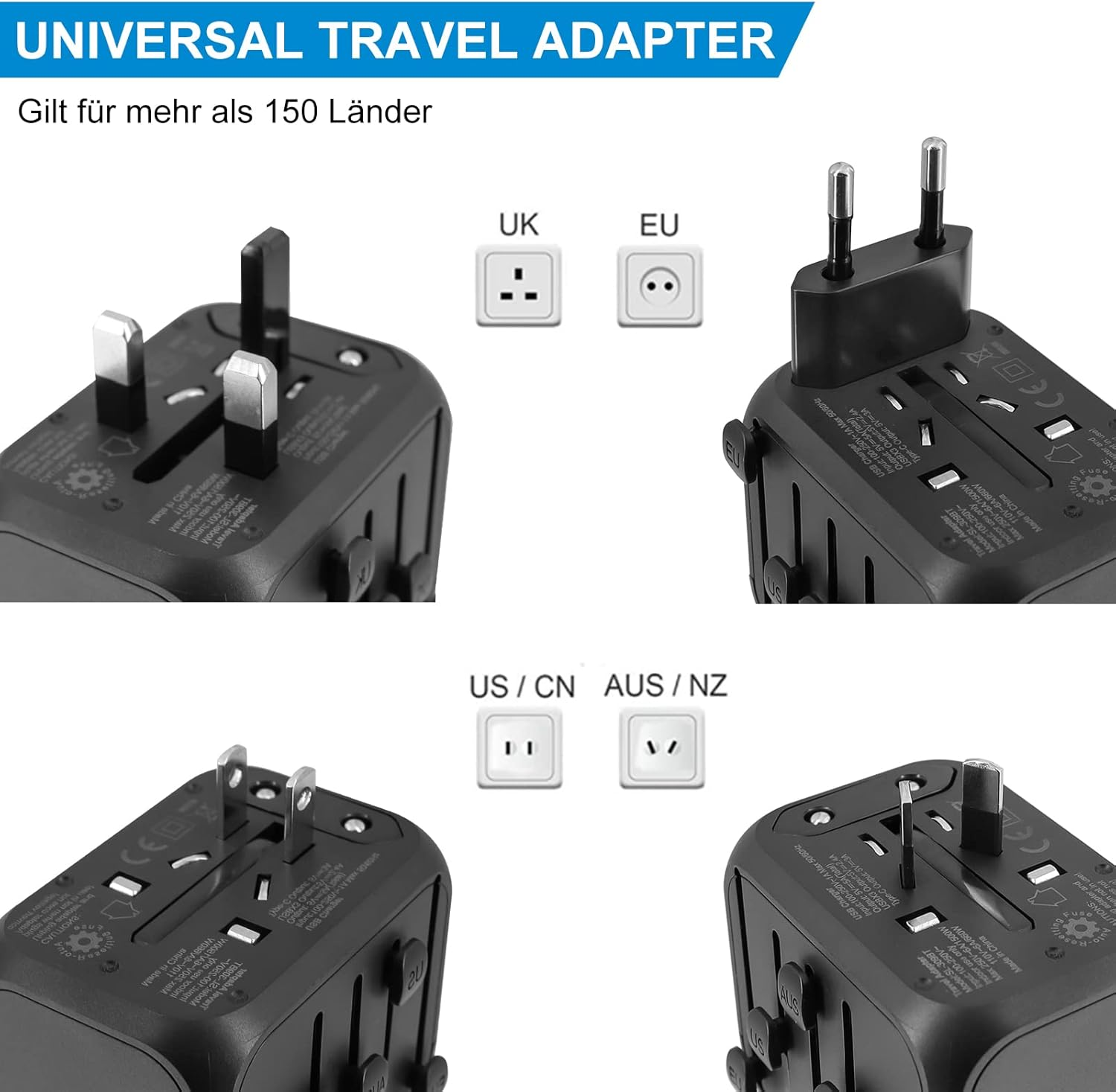 Universeller Reiseadapter mit verschiedenen Steckertypen: UK, EU, US/CN, AUS/NZ.